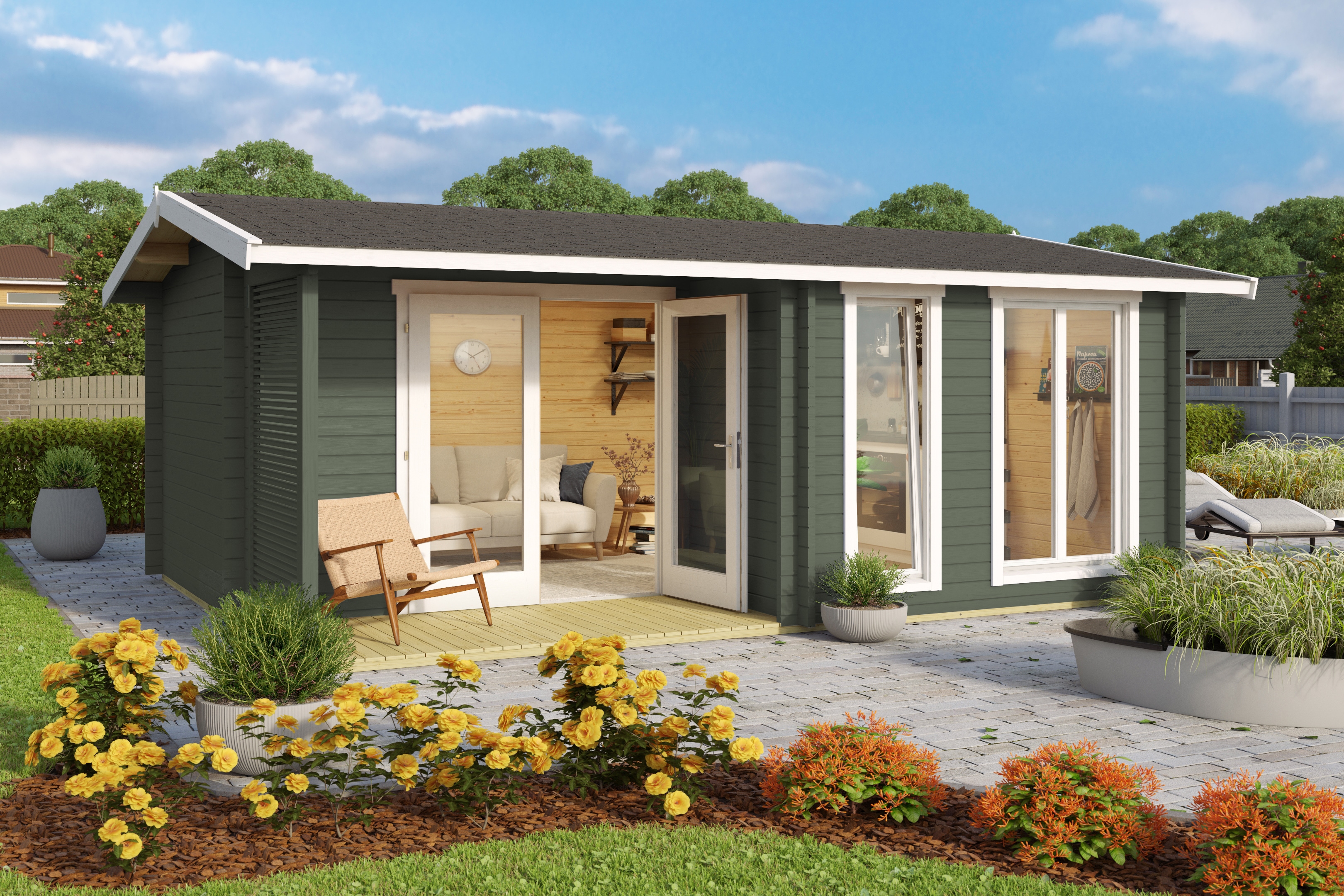 Gartenhaus NORDIC HOLZ "BRIGHTON 44", grün (grüngrau), Fußboden im Gartenhaus, Massivholzdach, Holz, Gartenhäuser, Gartenhaus