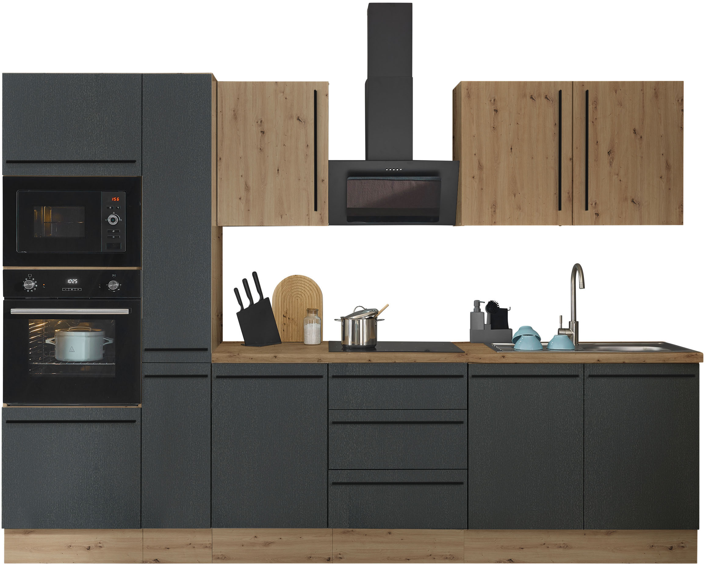 Küchenzeile KOCHSTATION "Florida", schwarz (küche: schwarz, front: artisan eiche, schwarz matt, korpus: artisan eiche, arbeitsplatte: artisan eiche), B:300cm H:211cm T:60cm, Komplettküchen-Sets, Breite 300 cm, wahlweise mit E-Geräten,Softclose für...