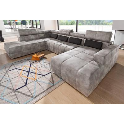 Wohnlandschaft DOMO COLLECTION "Brandon, whlw. mit Sitztiefenverstellung, inkl. Nierenkissen", grau (grau, braun), B:359cm H:80cm T:228cm, Kunstleder SOFTLUX, Luxus-Microfaser in Antikleder-Optik (100% Polyester), Luxus-Microfaser (100% Polyester),... Image