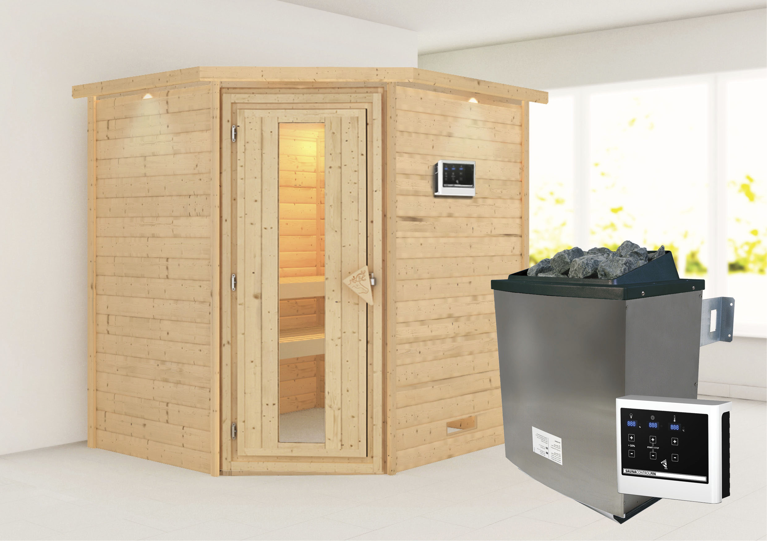 Sauna KARIBU "Mia (Fronteinstieg)", beige (naturbelassen), (ohne Ofen), Saunen, Ofen 9 KW externe Strg easy