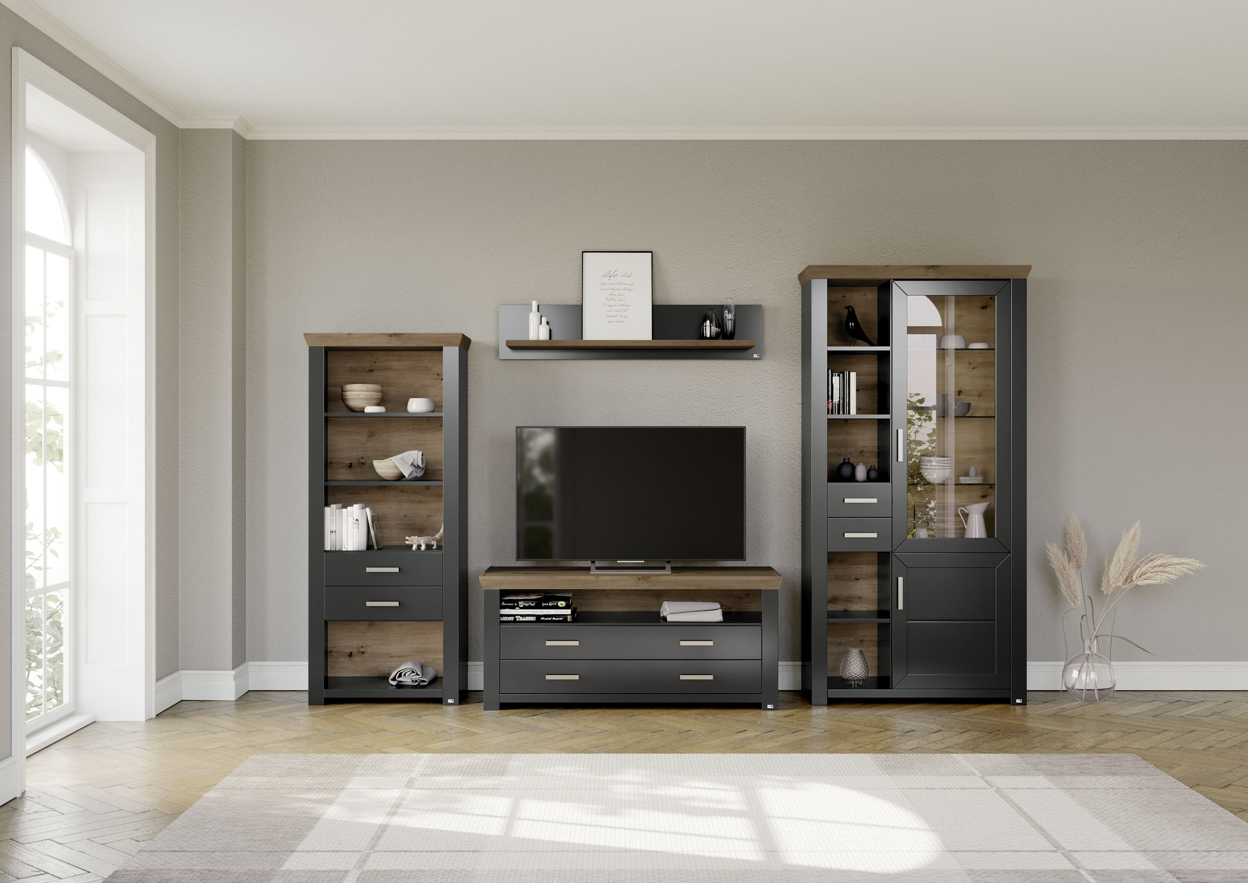 Wohnwand "York", grau (grau, eiche), B:340cm H:207cm T:51cm, Spanplatte, SET ONE BY MUSTERRING, Kastenmöbel-Sets, Kombination mit 4 Teilen, in 3 Farbvarianten, Gesamtbreite 340 cm