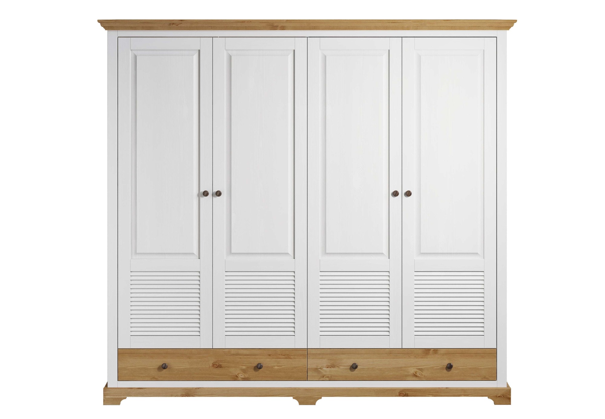 Kleiderschrank HOME AFFAIRE "Rauna, aus massiver Kiefer, 4-türig, mit Lamellen und Kassetten", weiß (weiß, honig), B:203cm H:183cm T:61cm, Massivholz, Schränke, FSC zertifiziertes Massivholz (Kiefer), robuste Qualität Image