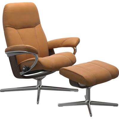 Relaxsessel STRESSLESS "Consul", braun (new caramel), B:91cm H:102cm T:79cm, Sessel, mit Hocker, mit Cross Base, Größe S, M & L, Holzakzent Wenge Image