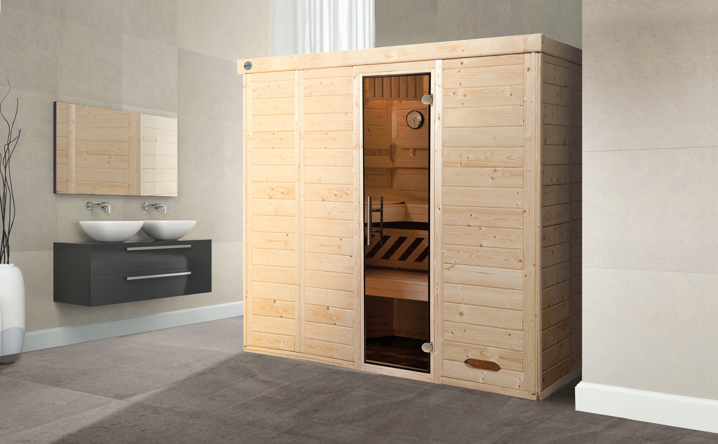 Sauna WEKA "Design-Sauna KEMI 5", beige (natur), ohne Ofen, ohne Steuerung, (ohne Ofen), Saunen, Blockbohlen, moderne Ganzglastür