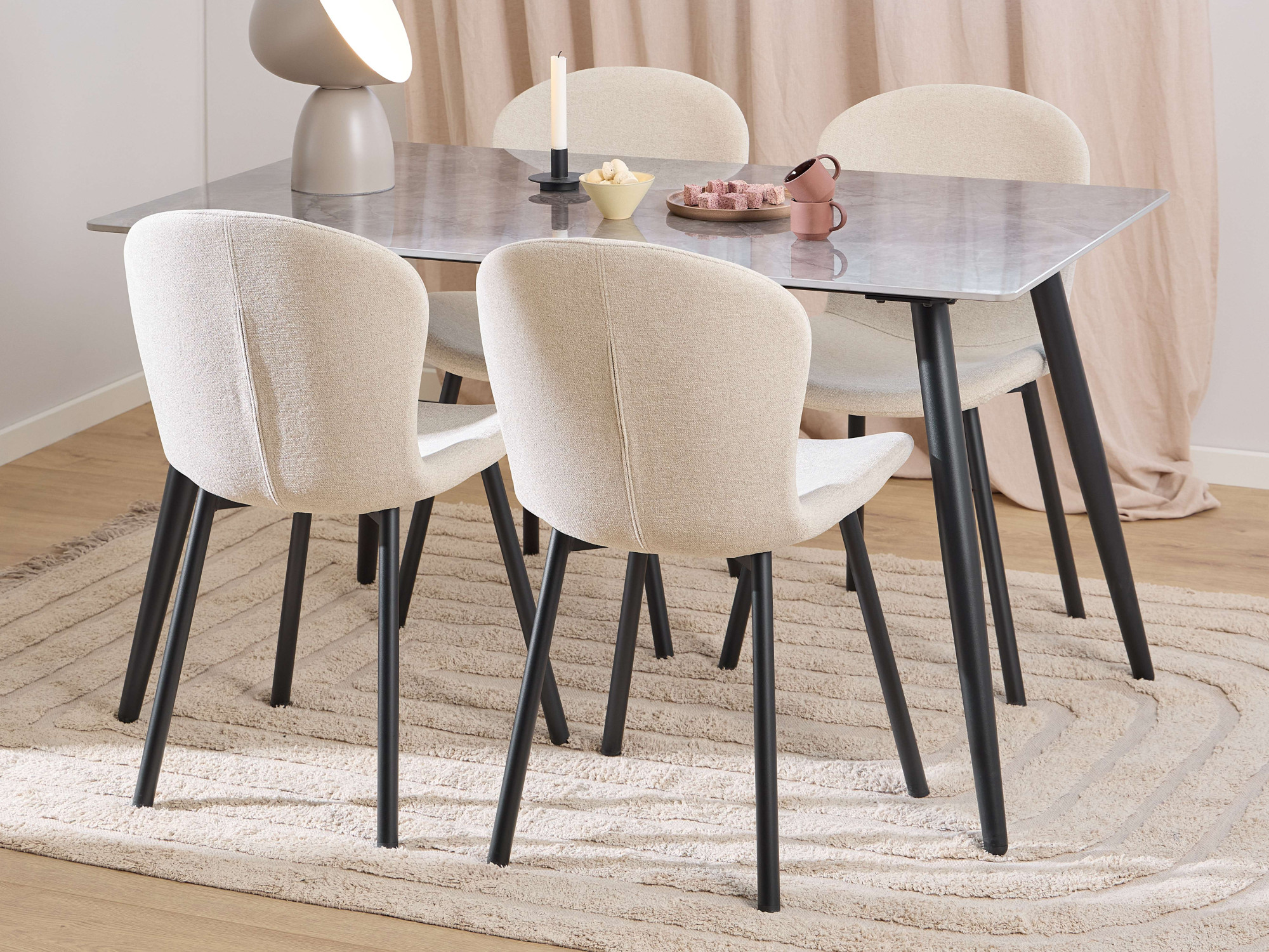 Esszimmer-Set ACTONA GROUP "Essgruppe, Speisetisch mit Stühlen", grau, B:140cm H:75cm T:80cm, Stahl, Kastenmöbel-Sets, Rechteckig Esstisch + 4x Stühle, grau keramik, beige,140x80x75cm