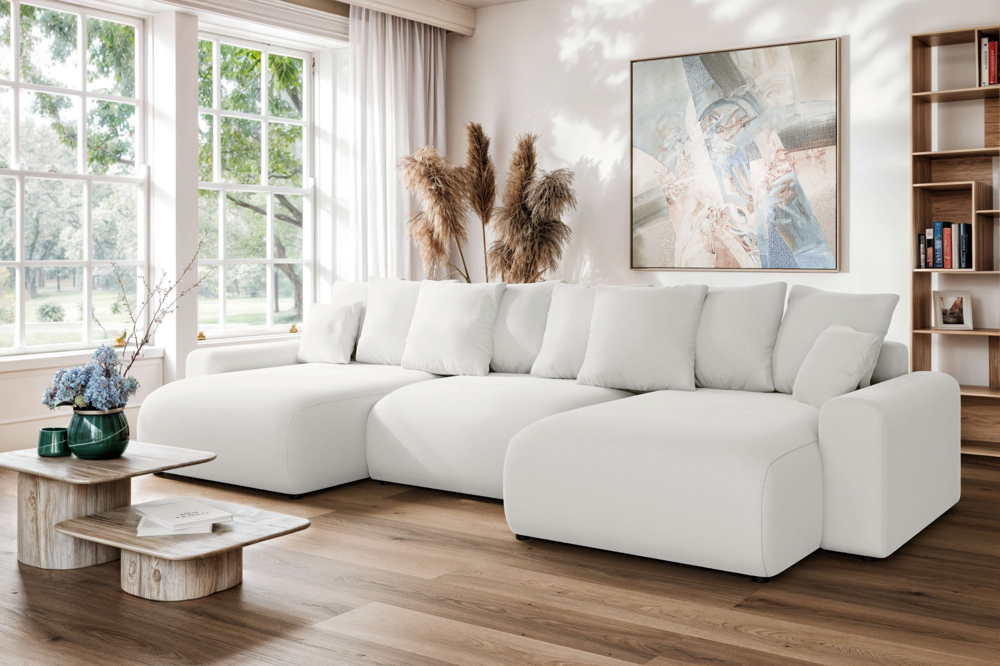 Wohnlandschaft HOME AFFAIRE "LAKESIDE mit Bettfunktion und Bettkasten, Maße B/T/H: 332,5/142/84 cm", weiß, B:332,5cm H:84cm T:142cm, 100% Polyester, Sofas, Wohnlandschaft, U‑Form mit vielen Kissen und Wellenunterfederung