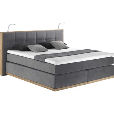 Boxspringbett PLACES OF STYLE "Vinton", grau (steel), B:180cm L:213cm, Komplettbetten, Boxspringbett, aus Eiche, mit LED-Beleuchtung, verschiedene Härtegrade (auch H4) Image