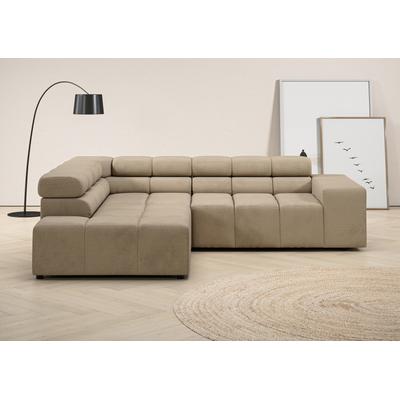 Ecksofa INOSIGN "Ancona, incl. Kopfteilverstellung + 3 Zierkissen, L-Form, Breite 249cm", beige (sand), B:249cm H:70cm T:215cm, 95% Polyester, 5% Nylon, Sofas, wahlweise motorische Sitztiefenverstellung, B/T(H: 249/215/70 cm Image