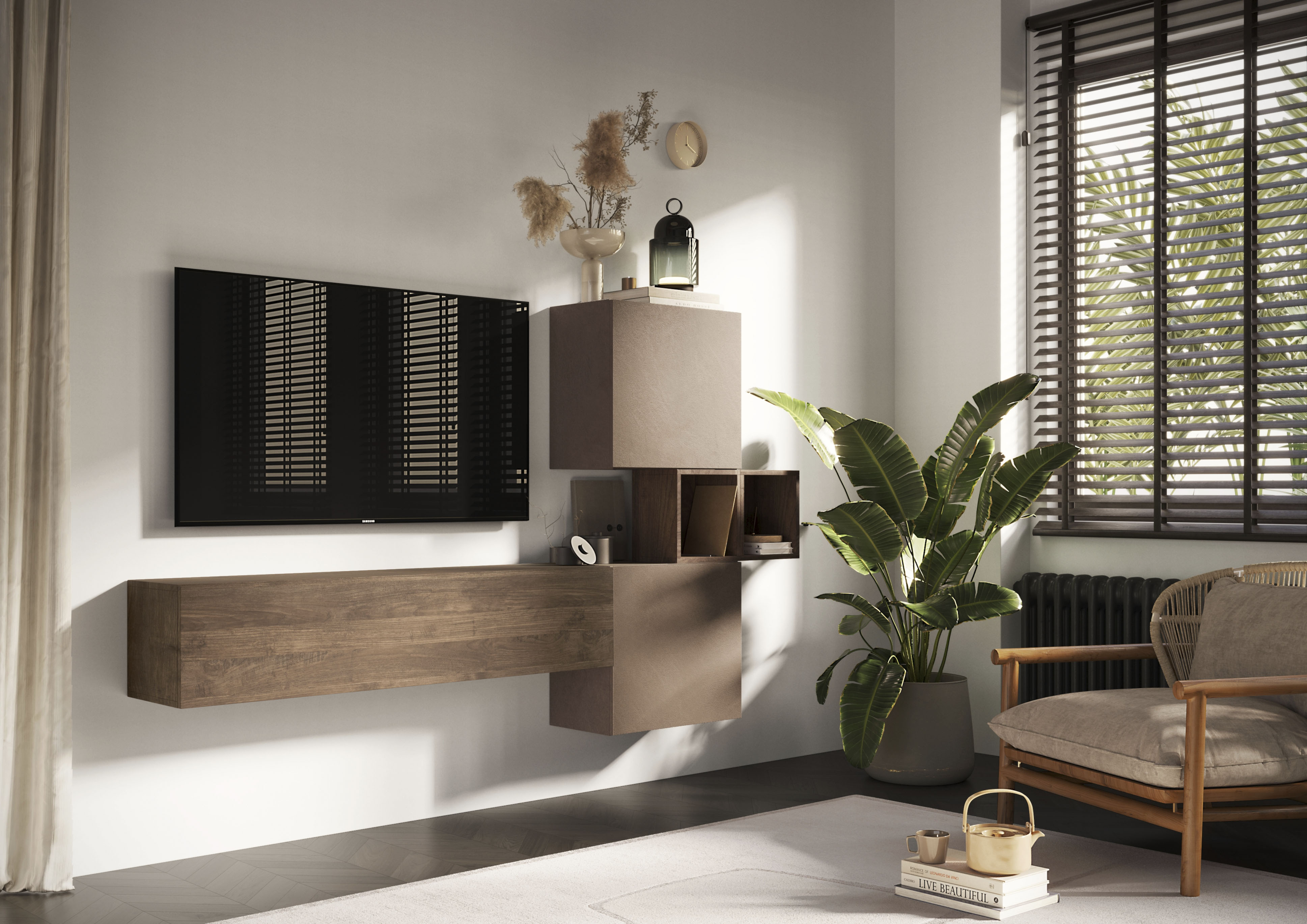 Wohnwand INOSIGN "Infinity, 4tlg. Breite 222 cm, Höhe variabel, Wohnwand", braun (bronzo, mercure nb holzstruktur), B:222cm H:175cm T:30cm, Kastenmöbel-Sets, (Lowboard hängend, Würfelregal 2er Set, 2x Hängewürfel)