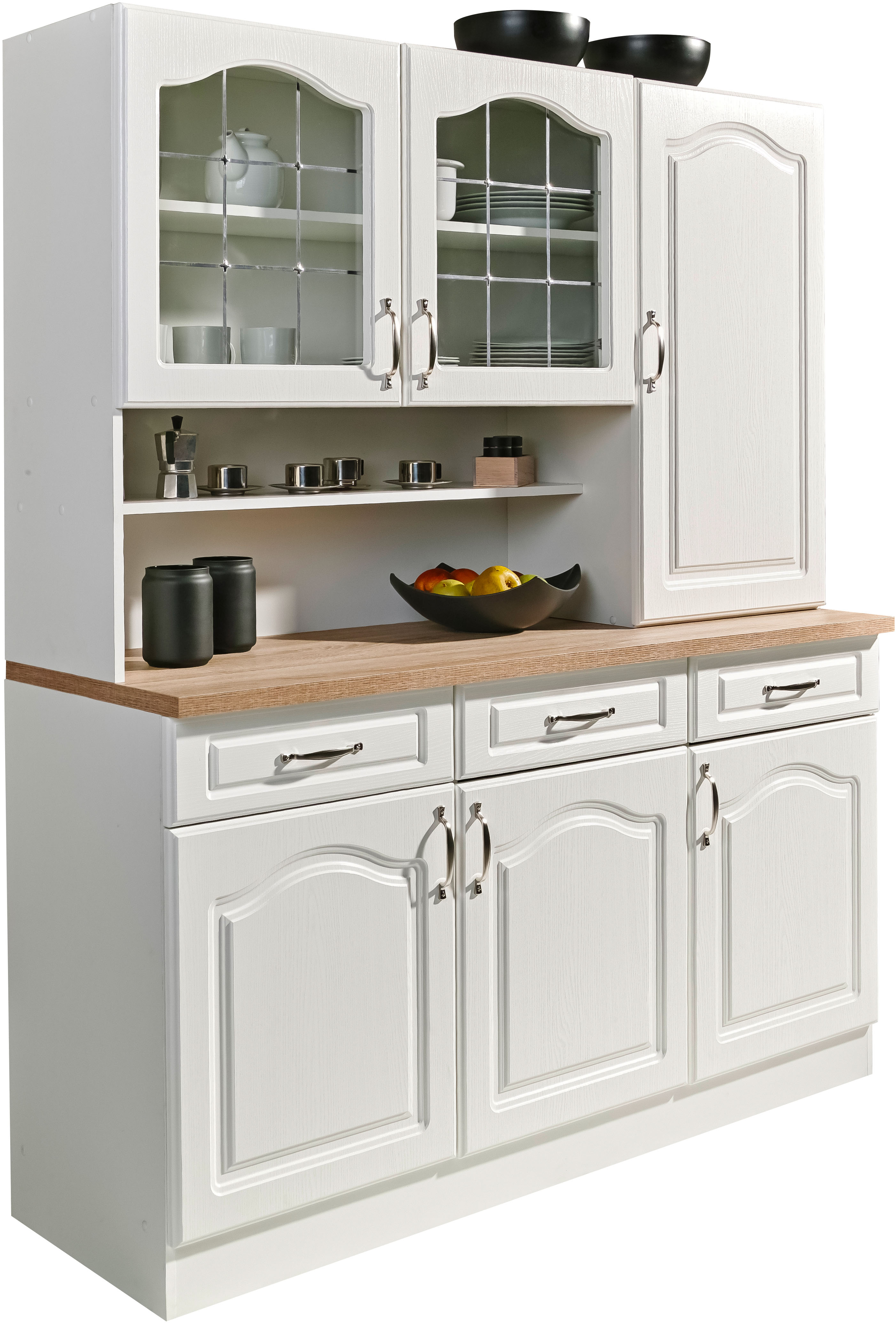 Küchenbuffet WIHO KÜCHEN "Linz", weiß (front: landhaus weiß, korpus und sockel: weiß, arbeitsplatte: sonoma eiche), B:150cm H:180cm T:50cm, Schränke, 150 cm breit, in Landhaus-Optik