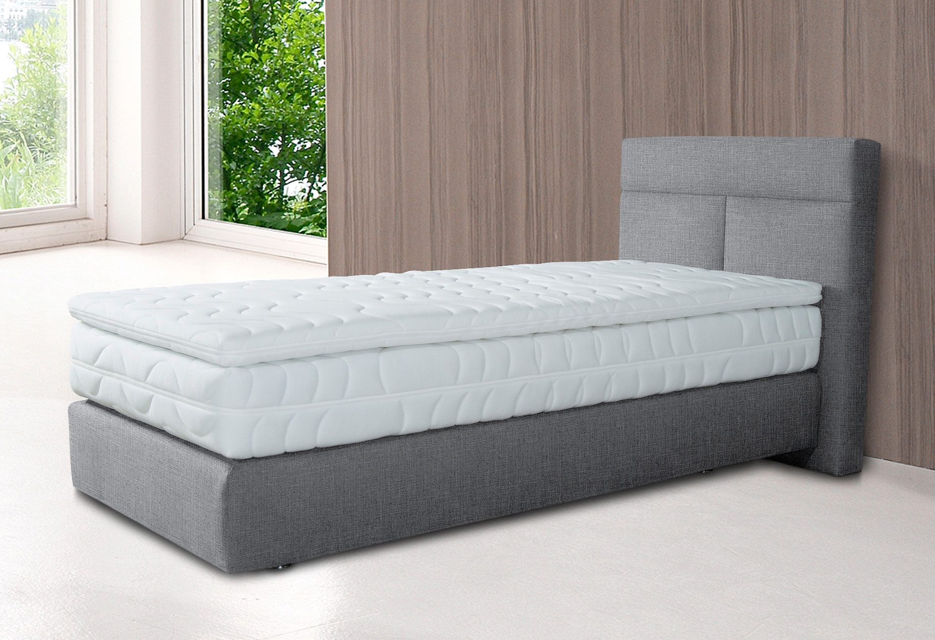 Boxspringbett, grau (hellgrau), B:105cm L:212cm, Bezug Kaltschaum-Topper: 100% Polyester, beidseitig mit Klimafaser versteppt. Abnehmbar und bei 40 C waschbar.;Bezug Kopfteil und seitliche Unterboxen: feiner Strukturstoff aus 77% Polyester, 23%... Image
