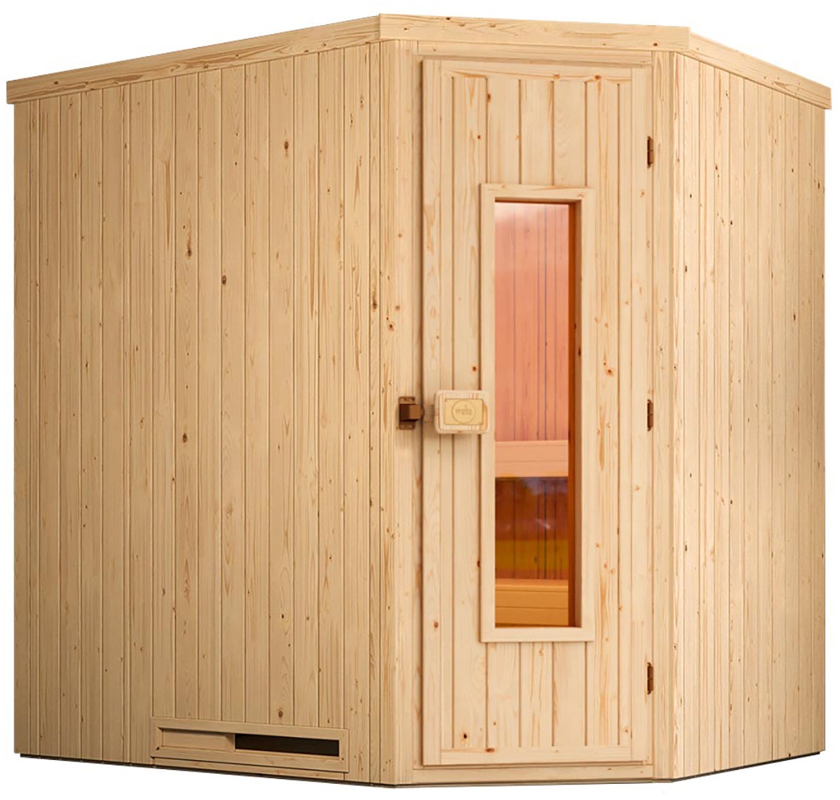 Sauna WEKA "Element-Ecksauna VARBERG 1", beige (natur), ohne Ofen, ohne Steuerung, (ohne Ofen), Saunen, vorgefertigte Elemente, isolierte Holztür