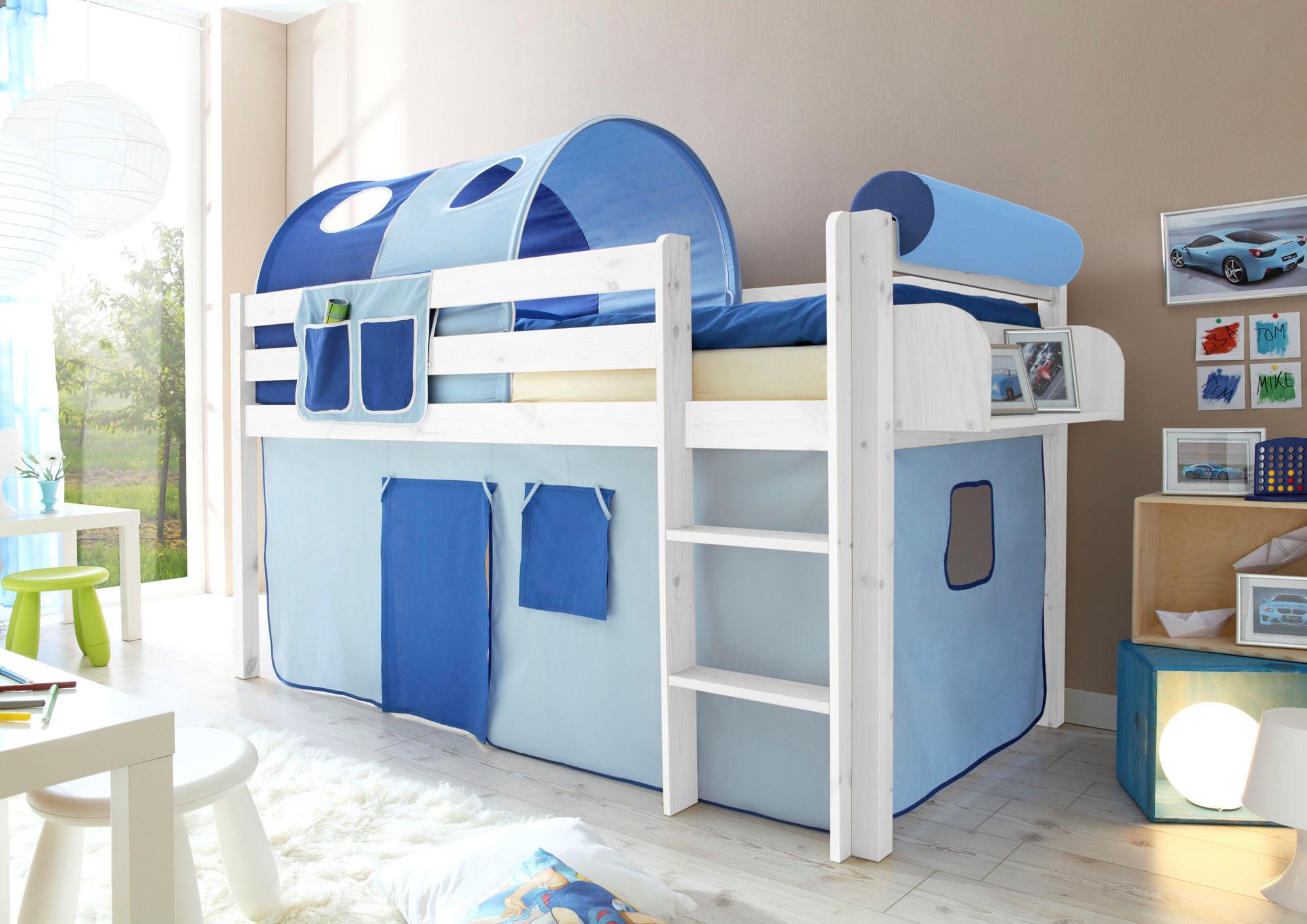 Hochbett TICAA "Malte", blau (kiefer massiv weiß, hellblau, dunkelblau), B:101cm H:114cm L:205cm, Hochbetten, Hochbett, mit Rollrost und in verschiedenen Ausführungen wahlweise mit Matratze