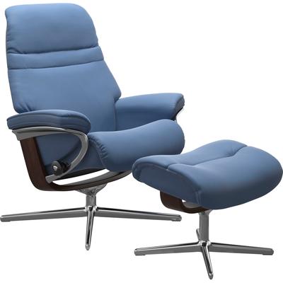 Relaxsessel STRESSLESS "Sunrise", blau (lazuli blaubatick), B:83cm H:105cm T:74cm, Sessel, mit Hocker, mit Cross Base, Größe S, M & L, Holzakzent Braun Image