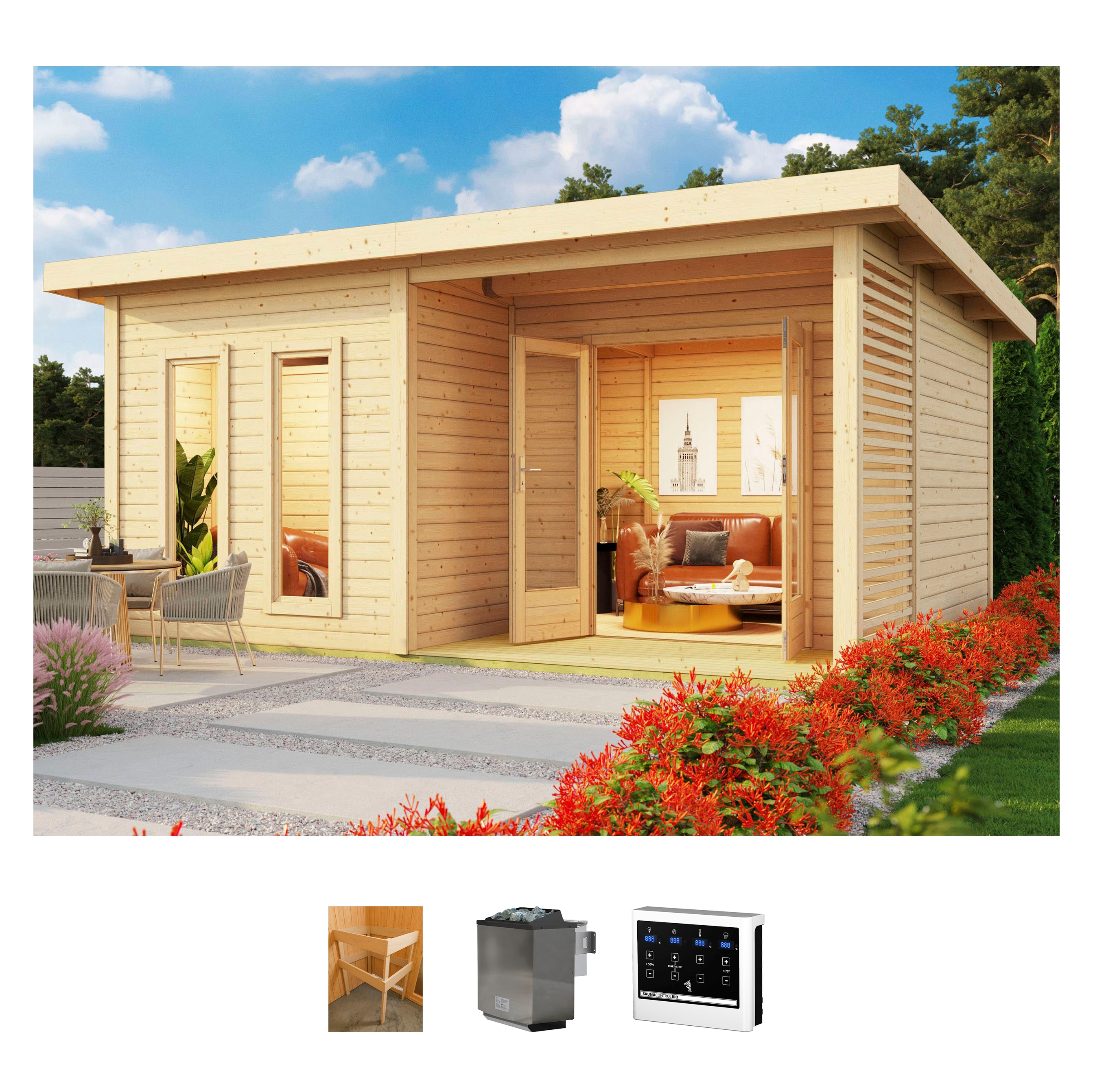 Saunahaus KONIFERA "Maiko 5 SET A", beige (natur), Bio-Ofen, externe Steuerung, 9 kW, Saunen, Ofen 9 kW Bio externe Strg easy