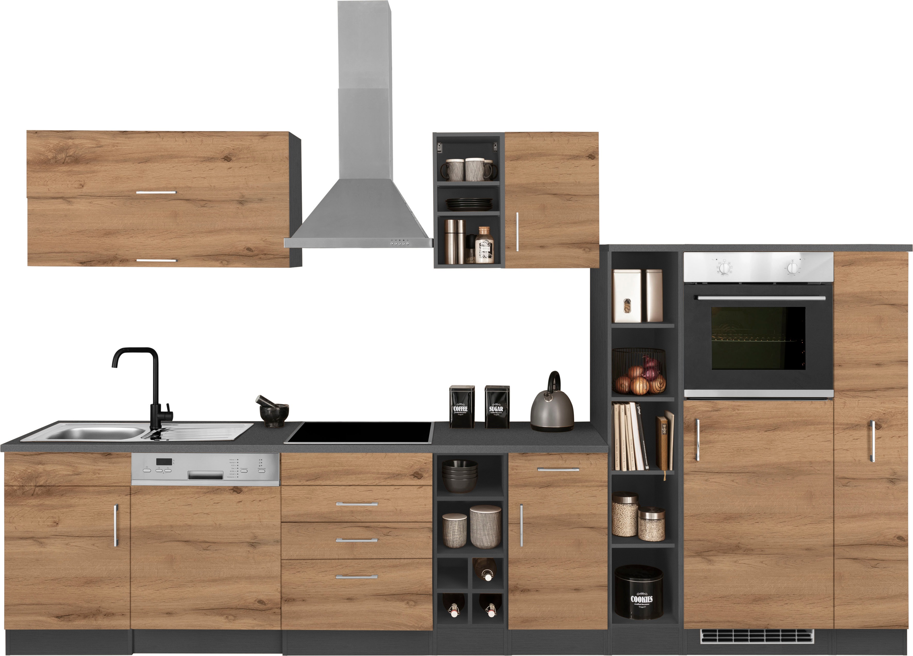 Küchenzeile KOCHSTATION "KS-Colmar", grau (küche: grau, korpus: grafitgrau, arbeitsplatte: anthrazit), B:360cm T:60cm, Komplettküchen-Sets, ohne E-Geräte, Breite 360 cm Image