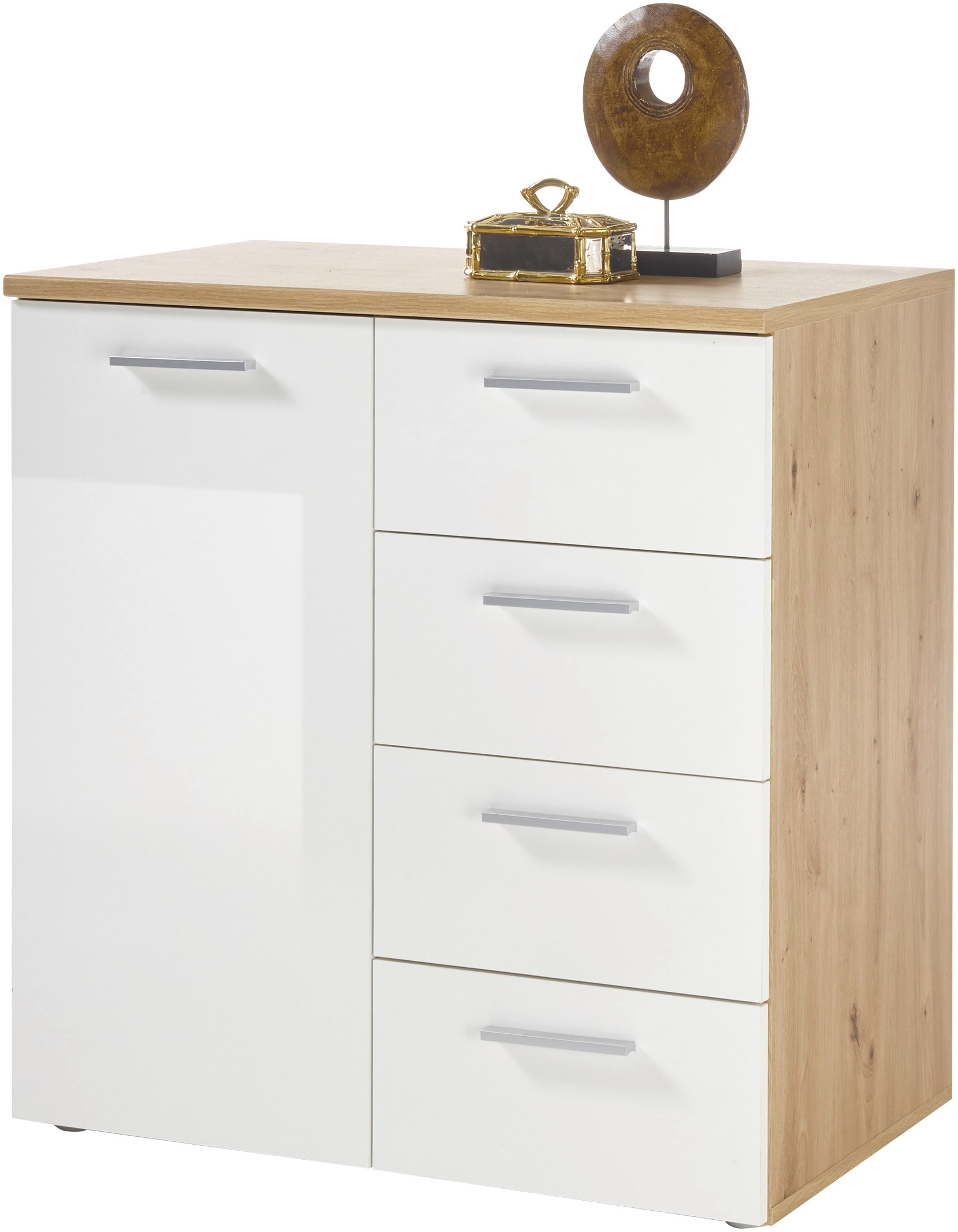 Kommode HBZ "Pablo weiß Glanz, BxHxT 80x84x50 cm", weiß (weiß, artisan eiche), B:80cm H:84cm T:50cm, Holzwerkstoff, Sideboards, Kommode, Kommode mit 1 Tür, 4 Schubkästen, 1 Einlegeboden verstellbar Image