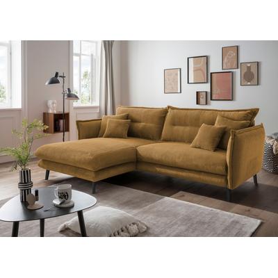 Ecksofa INOSIGN "Lazio modernes Design, bequem, schmale Armlehnen, OTTOs Choice", gold (gold, zierkissen gold), B:255cm H:94cm T:180cm, 100% Polyester, Sofas, zwei verschiedene Fußfarben wählbar Image