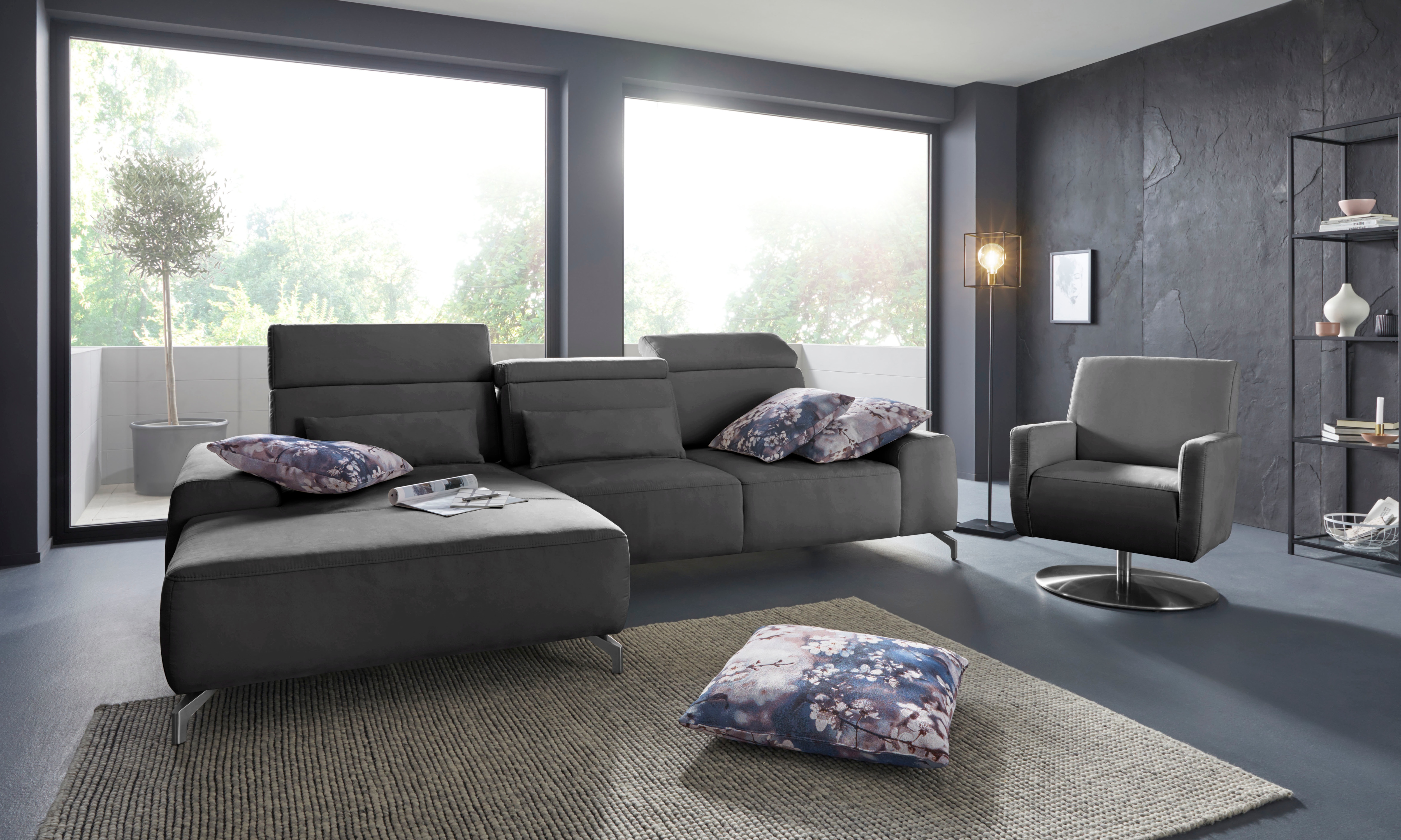 Ecksofa SIT & MORE "Gizeh L-Form", grau (steel), B:289cm T:178cm, Sofas, Fußhöhe 12 cm, inklusive Sitztiefenverstellung und Kopfteilverstellung Image