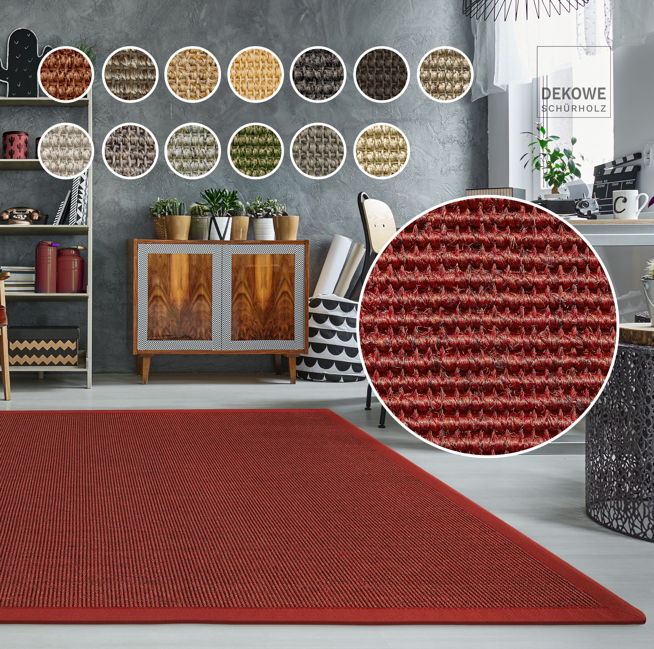 Sisalteppich DEKOWE "Mara S2 mit Bordüre Spezial", rot (rot, meliert), B:80cm H:5mm L:180cm, Sisal, Teppiche, 100% Sisal, auch als Läufer, Wohnzimmer Image