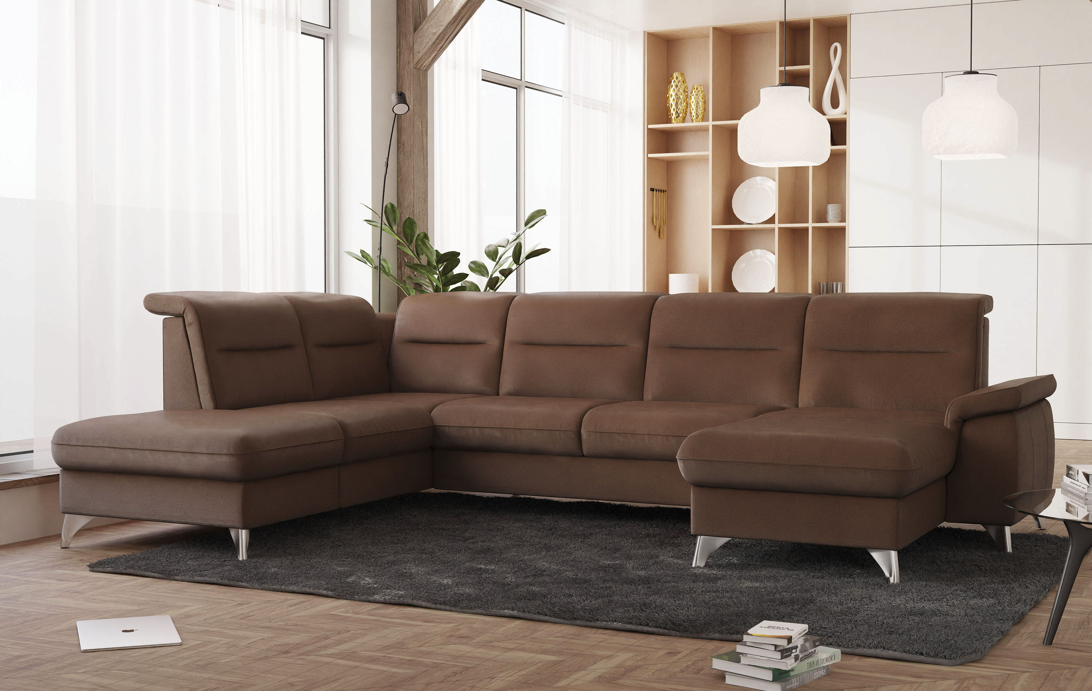 Wohnlandschaft SIT & MORE "Astoria U-Form", braun (haselnuss), B:329cm H:91cm T:225cm, 100% Polyester, Sofas, wahlweise mit motorischer Relaxfunktion