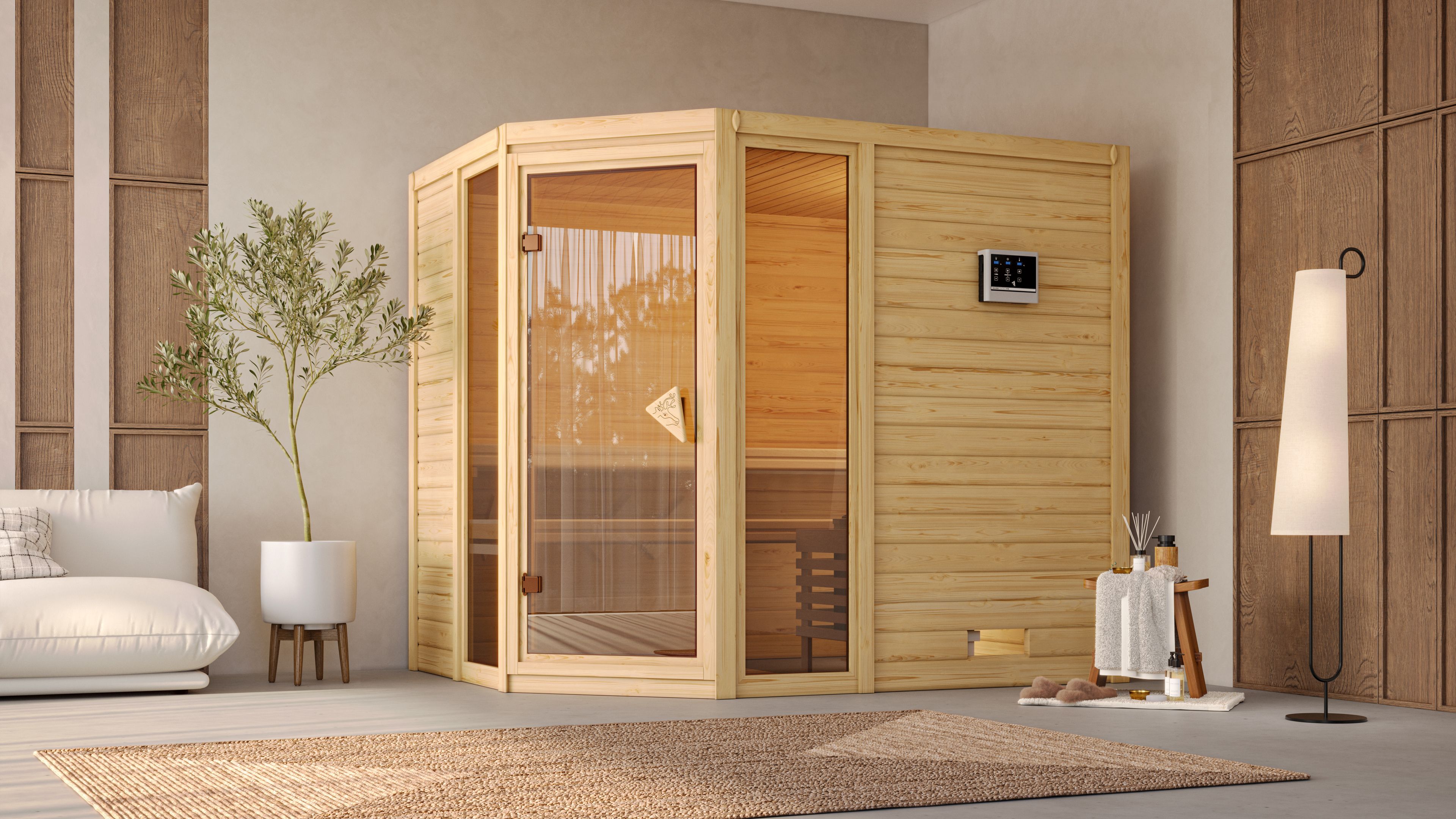 Sauna KARIBU "Sina 3", beige (naturbelassen), Bio-Kombiofen, externe Steuerung, 9 kW, Saunen, Ofen 9 kW Bio externe Strg easy