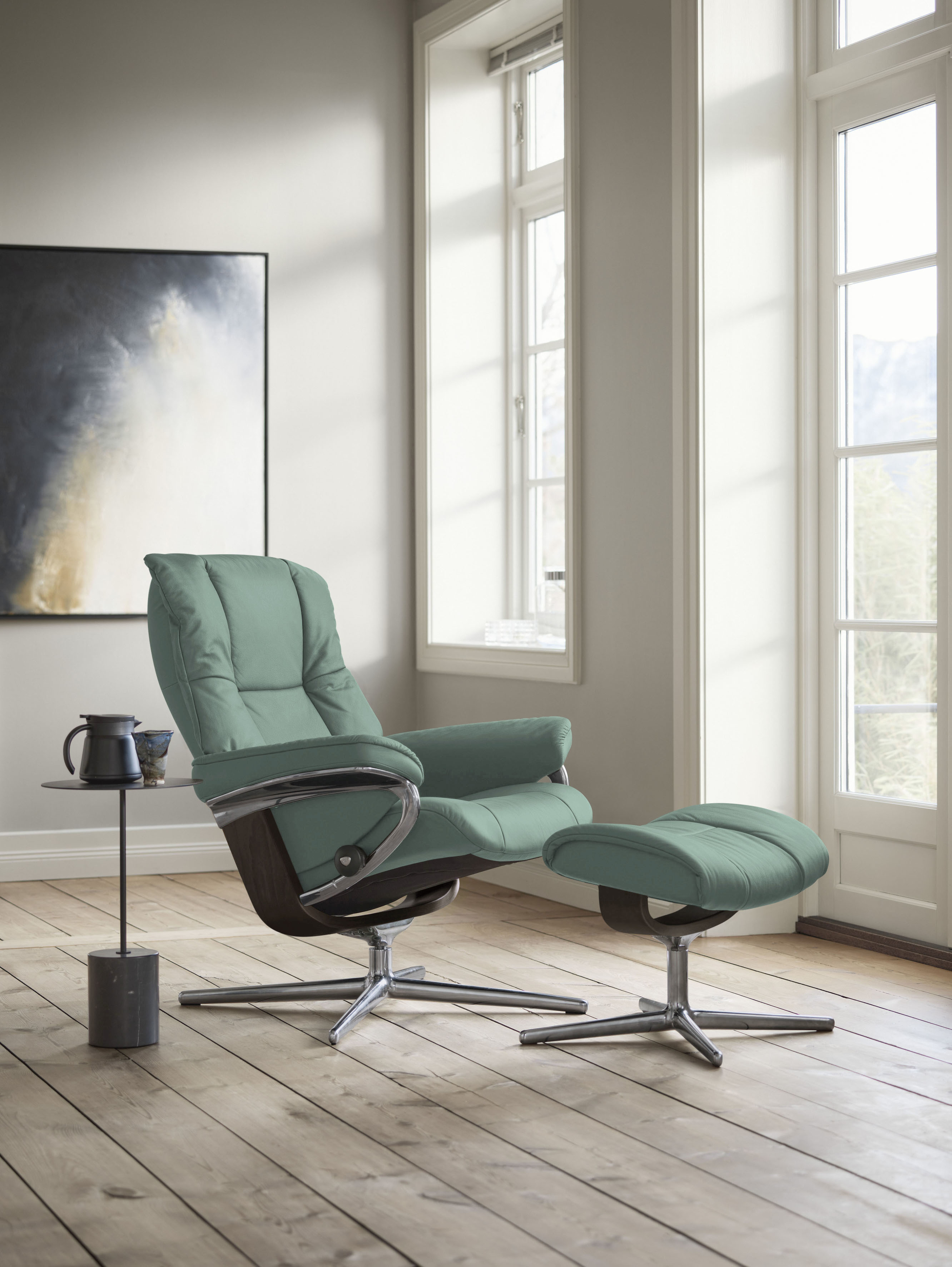 Relaxsessel STRESSLESS "Mayfair", grün (aqua grün paloma), B:92cm H:103cm T:79cm, Leder PALOMA: PALOMA ist ein durchgefärbtes Semianilin-Möbelleder mit natürlicher Narbung., Sessel, Relaxsessel, mit Hocker, mit Cross Base, Größe S, M & L, Holzakzent...