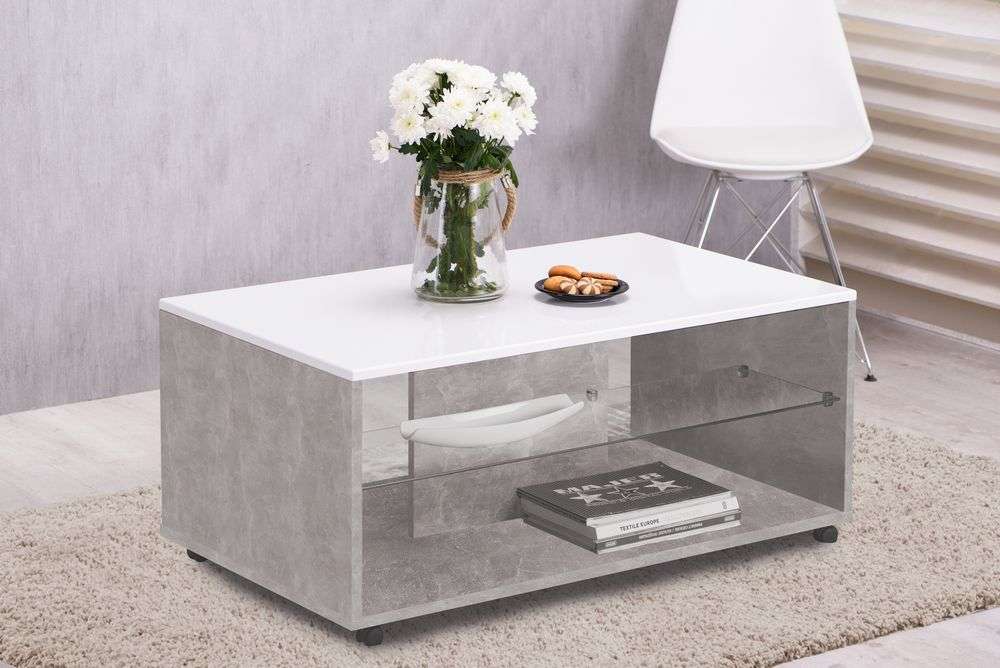 Couchtisch HOME AFFAIRE "Bert Kaffetisch, 100 cm, in trendigen Farben, modern", grau (beton, beton, weiß), B:101cm H:45cm T:60cm, Tische, Couchtisch, Hochglanzplatte, mit Rollen