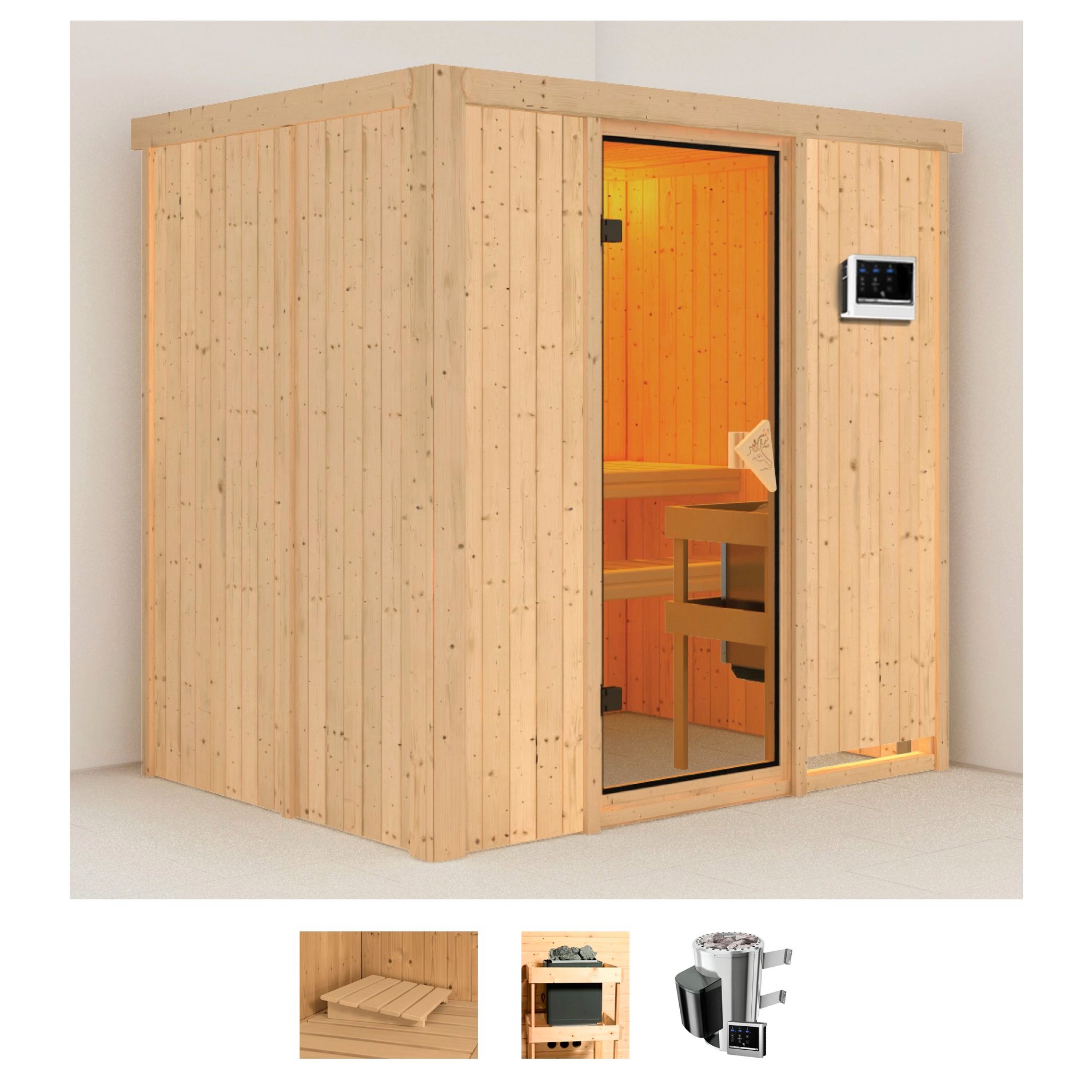 Sauna KARIBU "Finja", beige (naturbelassen), Saunaofen, externe Steuerung, 3,6 kW, Saunen, Ofen 3,6 kW externe Strg.easy Image