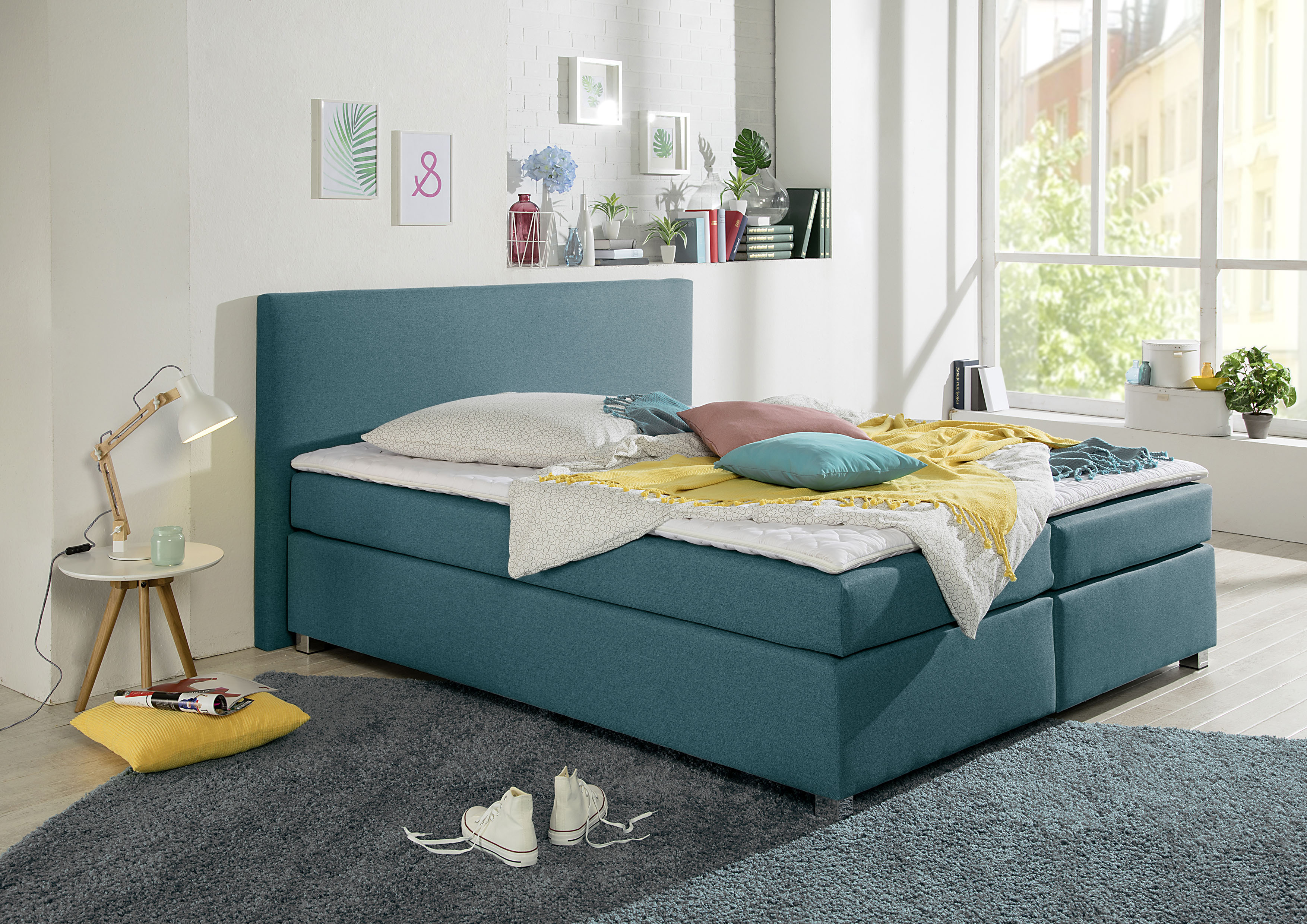 Boxspringbett HOME AFFAIRE "Eliana", blau (petrol), B:207cm L:210cm, Komplettbetten, Boxspringbett, inkl. Topper, in 4 Breiten, 3 Matratzenarten und 2 Härtegraden Image