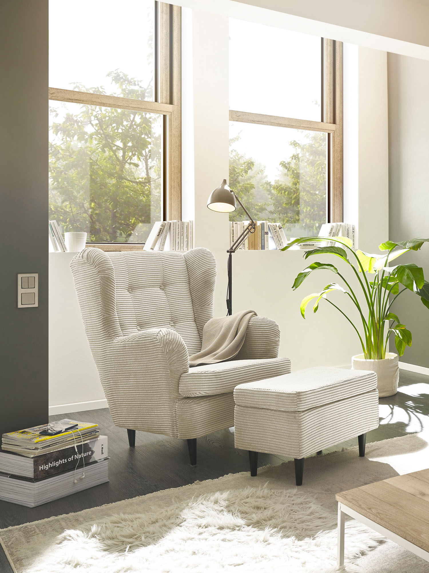 Ohrensessel ED EXCITING DESIGN "Oskar", beige, B:78cm H:102cm T:98cm, 92% Polyester, 8% Nylon, Sessel, Ohrensessel, mit Massivholzfüßen