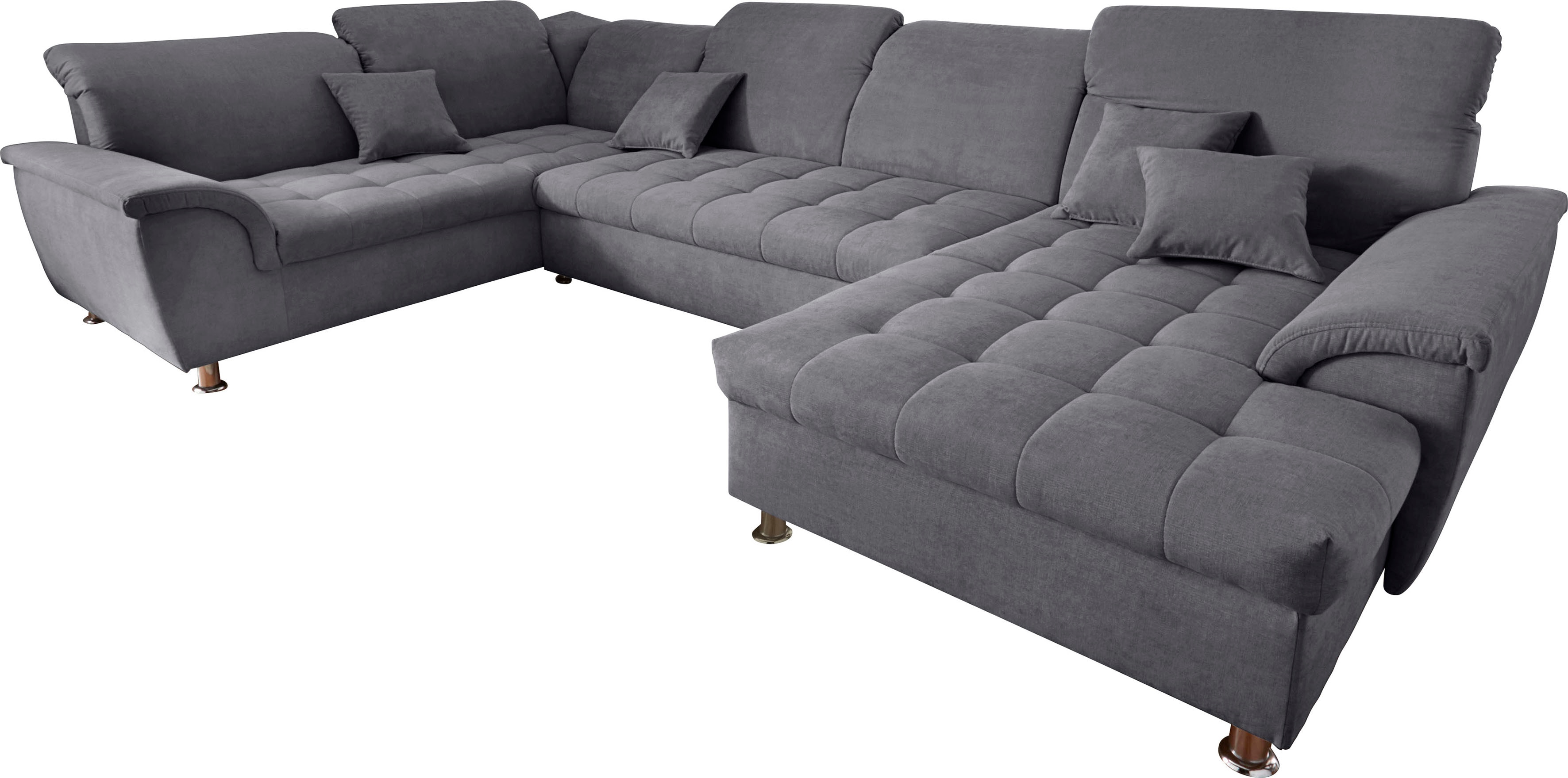 Wohnlandschaft DOMO COLLECTION "Franzi mit Kopfteilverstellung, U-Form mit viel Platz, bequem", grau (dunkelgrau), B:352cm H:80cm T:214cm, Flachgewebe (100% Polyester);Chenille (100% Polyester), Sofas, XXL-Sofa, U-Form, belastbar bis 140kg/Sitz,...