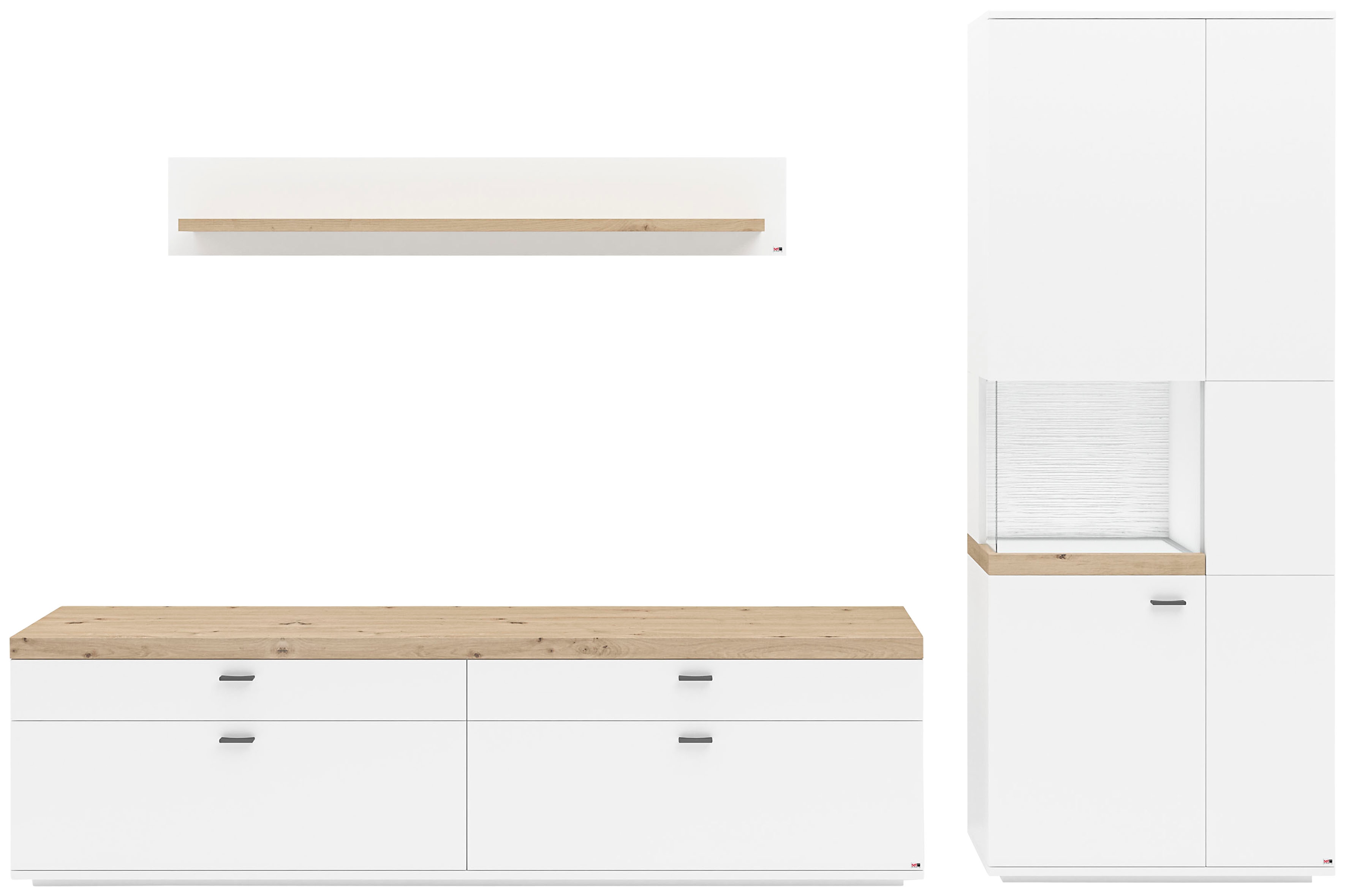 Wohnwand "Lancaster", weiß (weiß mit eiche artisan), B:300cm H:206,2cm T:43,6cm, SET ONE BY MUSTERRING, Kastenmöbel-Sets, 3-teilig mit Fronten in weiß oder grau, Breite ca. 300cm