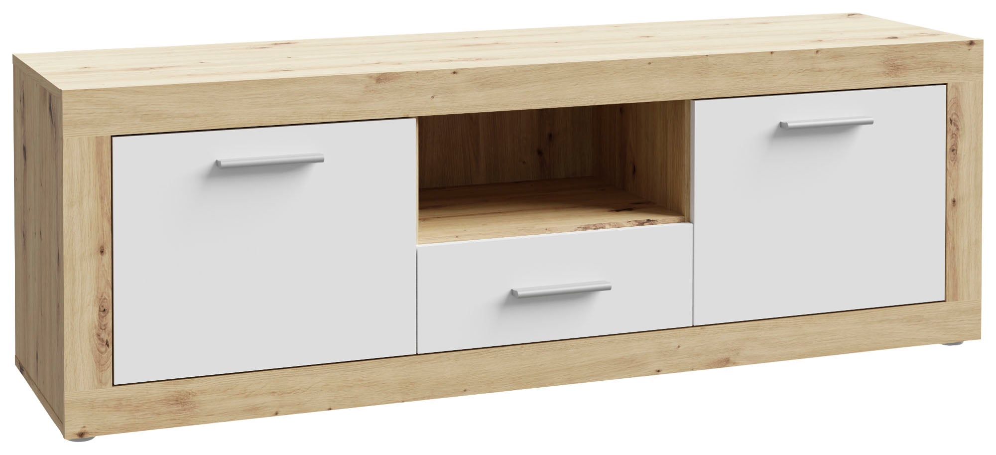 Lowboard FORTE "Baccio TV-Board, TV-Schrank", weiß (artisan eiche, weiß), B:147,8cm H:49,9cm T:41cm, Spanplatte, Sideboards, Lowboard, Breite 148 cm, Höhe 50 cm, 2 Türen und 2 Schubkästen, 1 offenes Fach