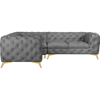Chesterfield-Sofa LEONIQUE "Ecksofa GLYNIS L-Form mit Wellenunterfederung, Maße B/T/H 264/204/75cm", grau (hellgrau), B:264cm H:75cm T:204cm, Struktur (100% Polyester), Samtoptik (100% Polyester), Sofas, aufwändige Knopfheftung, moderne Chesterfield... Image