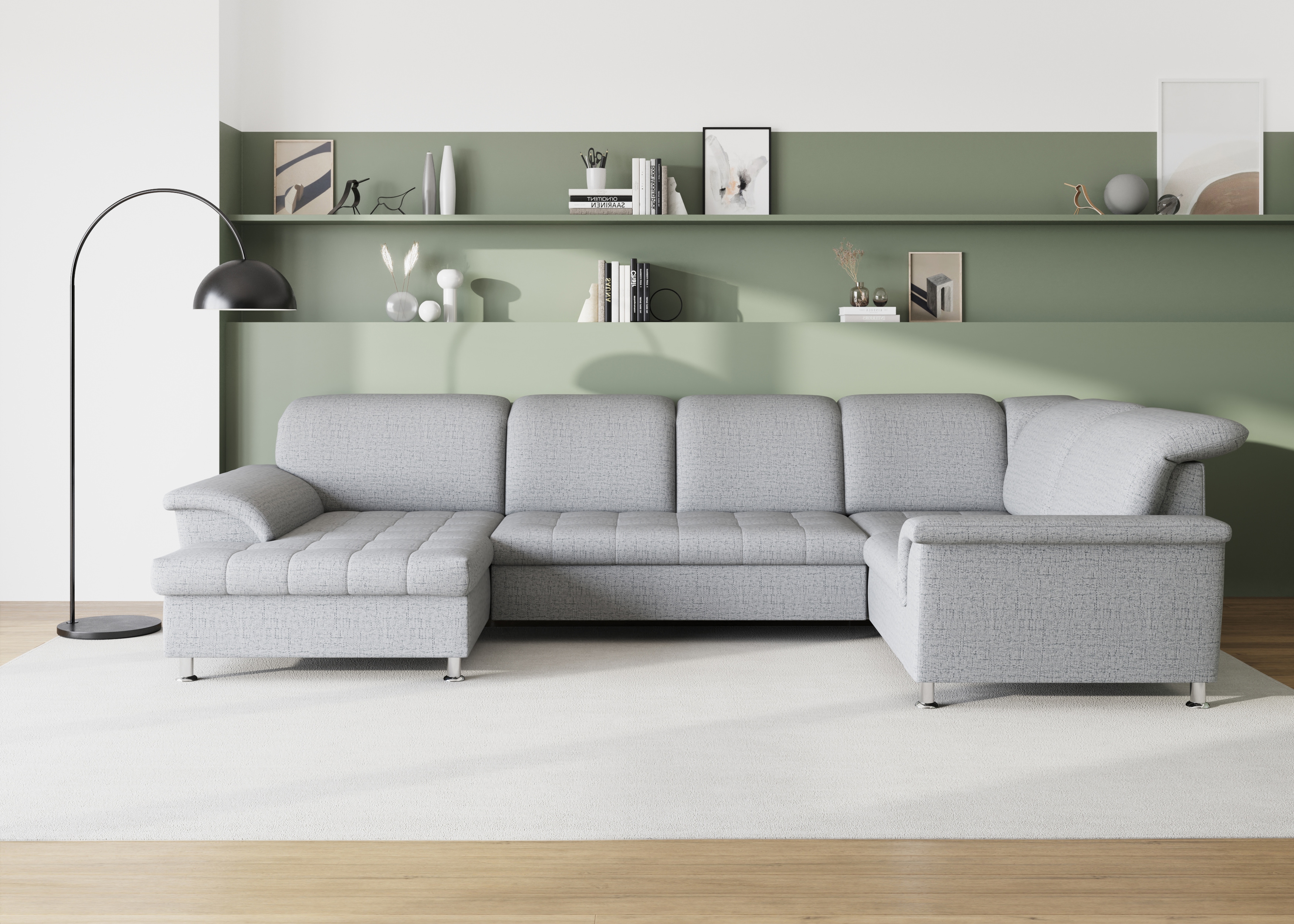 Wohnlandschaft DOMO COLLECTION "Franzi optional mit Bettfunktion, Bettkasten & Kopfteilverstellung", silber, B:344cm H:81cm T:206cm, Flachgewebe (100% Polyester);Chenille (100% Polyester), Sofas, U-Form, Recamiere links, silber, B/T: 344/206 cm Image