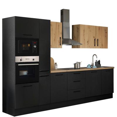 Küchenzeile BASIC BY BALCULINA "Turin", schwarz (front: schwarz matt woodprint, artisan eichefarben, korpus: schwarz matt woodprint, arbeitsplatte: artisan eichefarben), B:310cm H:211cm T:60cm, Komplettküchen-Sets, Küchenzeile, Breite 310 cm,... Image