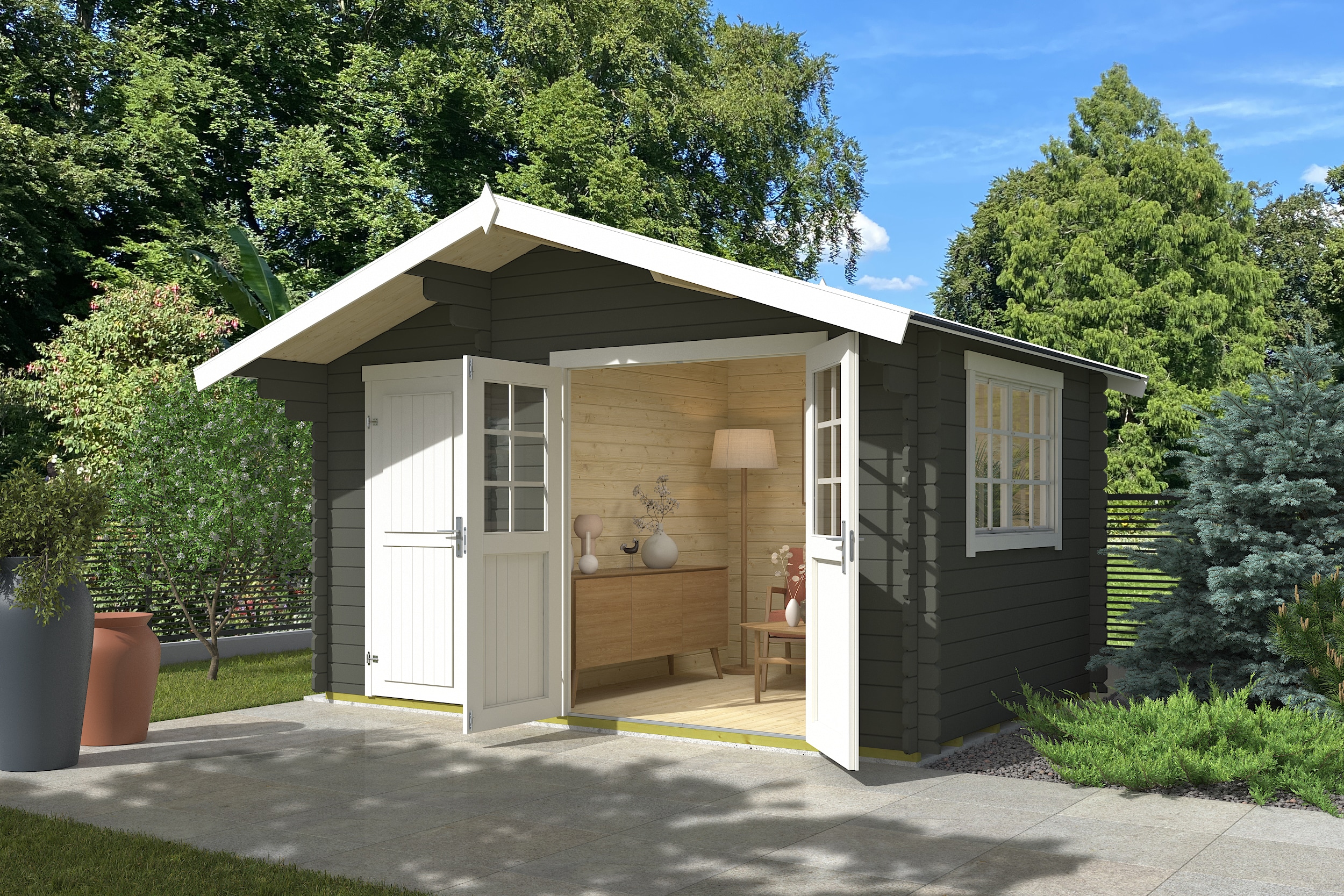 Gartenhaus NORDIC HOLZ "2-Raum Haus Keila 28", grün (grüngrau), Fußboden im Gartenhaus, ohne Dacheindeckung, Massivholz, Gartenhäuser, Gartenhaus