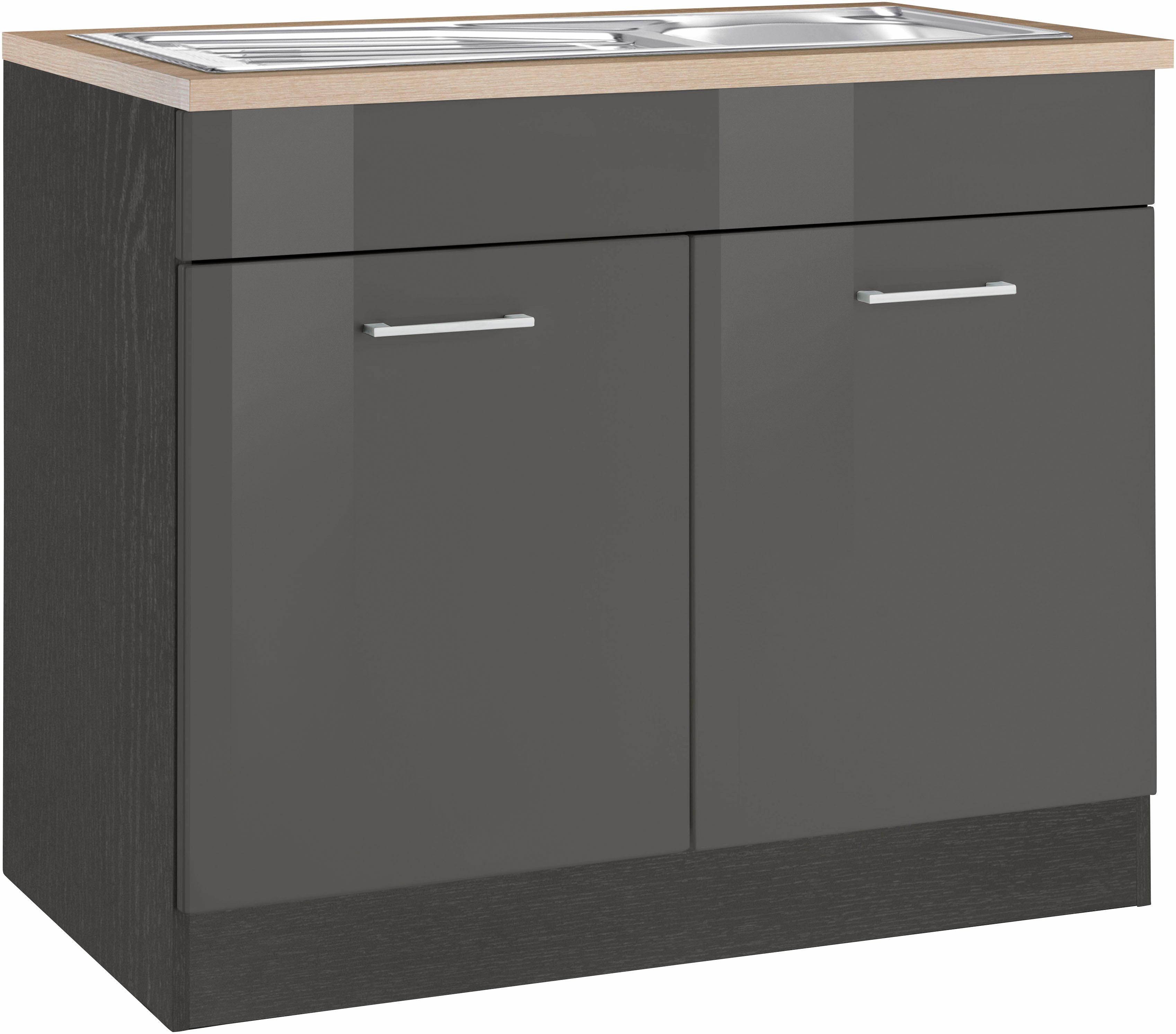 Spülenschrank KOCHSTATION "KS-Utah", grau (grau hochglanz), B:100cm H:85cm T:60cm, Schränke, Spülenschrank, Breite 100 cm