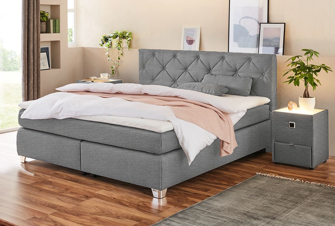 Boxspringbett JOCKENHÖFER GRUPPE "Finja", grau (grau, anthrazit 142, 09), B:187cm L:214cm, Bezug Bett: Strukturstoff (57, 7% Polypropylen, 42, 3% Polyester);Kissen: 57, 7% Polypropylen, 42, 3% Polyester;Topper und Matratzenspiegel: 100% Polyester,... Image