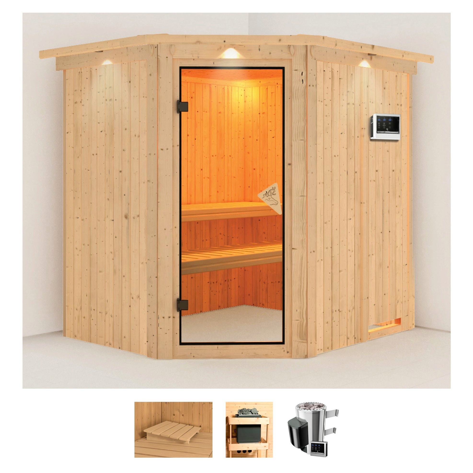Sauna KARIBU "Laila", beige (naturbelassen), Saunaofen, externe Steuerung, 3,6 kW, Saunen, 3,6-kW-Plug & Play Ofen mit externer Steuerung Image