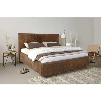 Polsterbett BIRKENSTOCK "Canberra Luxury", braun (blassbraun bir 14), B:177cm H:111,5cm L:222,5cm, Sattelleder BIR (100% Echtleder), Betten, Kopfteil in Sattelleder mit Lederkante, unterschiedliche Ausführungen Image