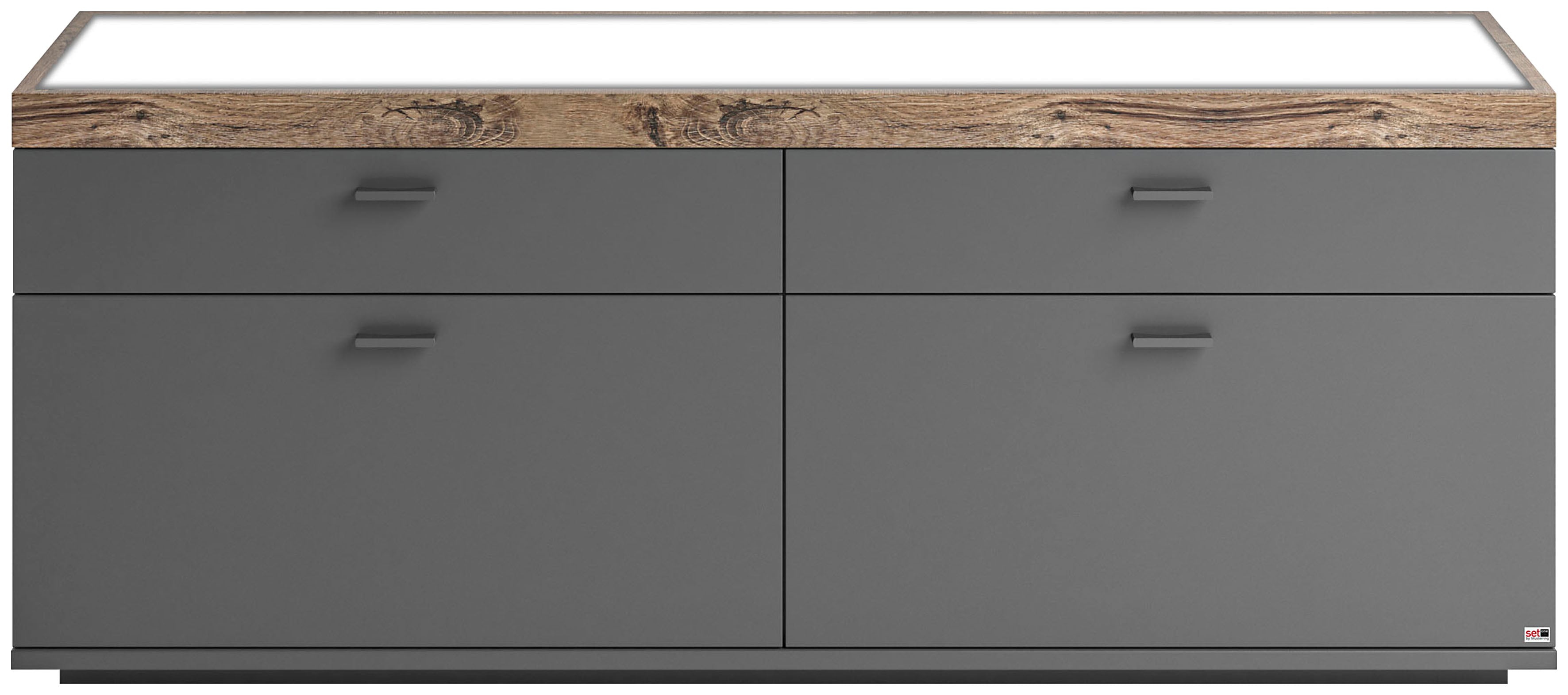 Lowboard "Lancaster", grau (grau mit eiche ribbeck cognac), B:150cm H:60cm T:43,8cm, SET ONE BY MUSTERRING, Sideboards, In 2 Breiten erhältlich, Rahmen in Eicheabsetzung, mit Schubkästen