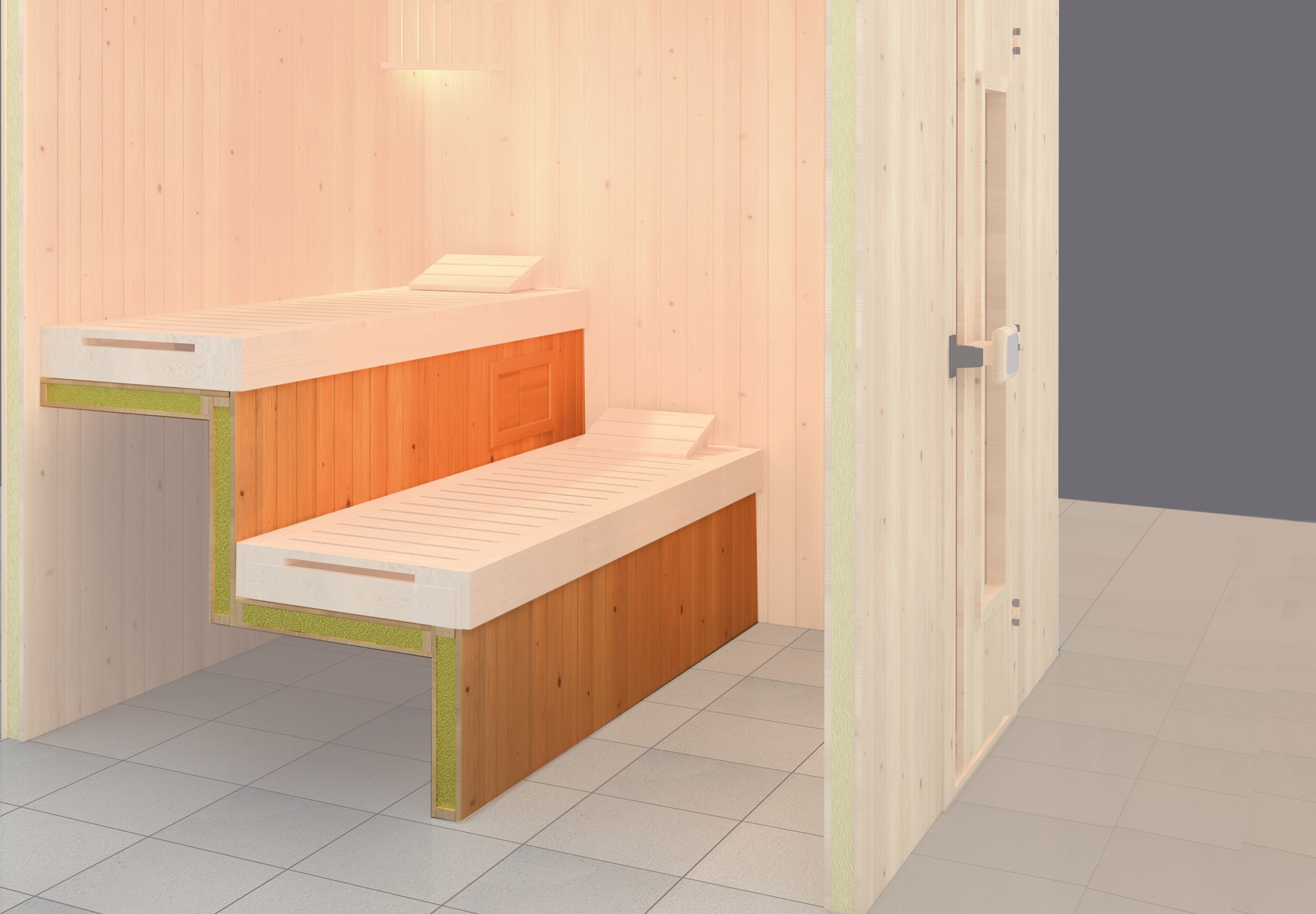 Sauna-Rückenlehne WEKA "Energie-Sparpaket für Saunagrößen B 200 cm x T 180 - 200 cm", beige (natur), B:56cm H:38cm L:179cm, Massivholz, Rückenlehnen, isolierte Sauna-Unterkonstruktion, reduziert das zu erwärmende Volumen Image