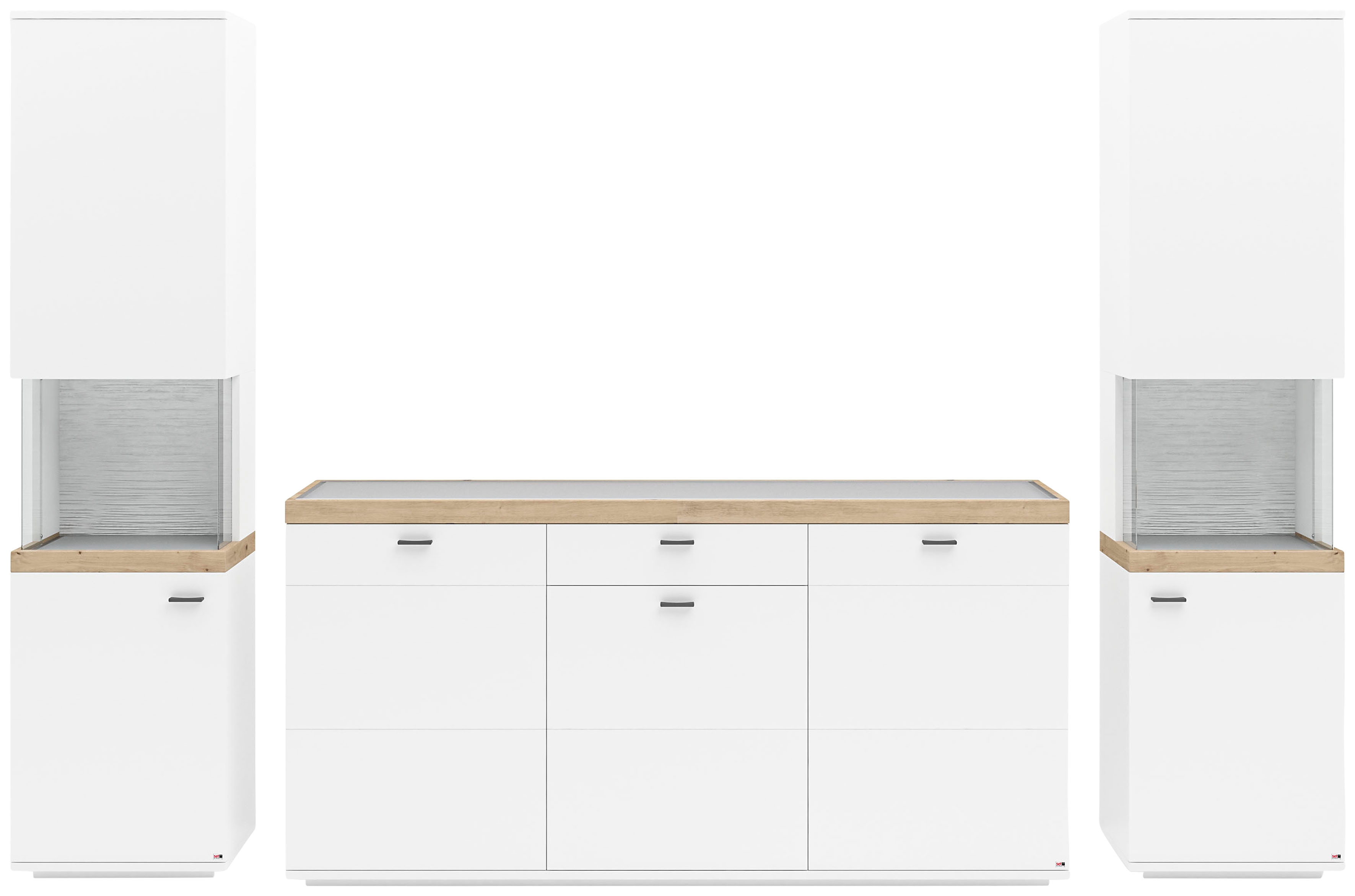 Wohnwand "Lancaster", weiß (weiß mit eiche artisan), B:300cm H:206,2cm T:43,6cm, SET ONE BY MUSTERRING, Kastenmöbel-Sets, 3-teilig mit Fronten in weiß oder grau, Breite ca.300cm