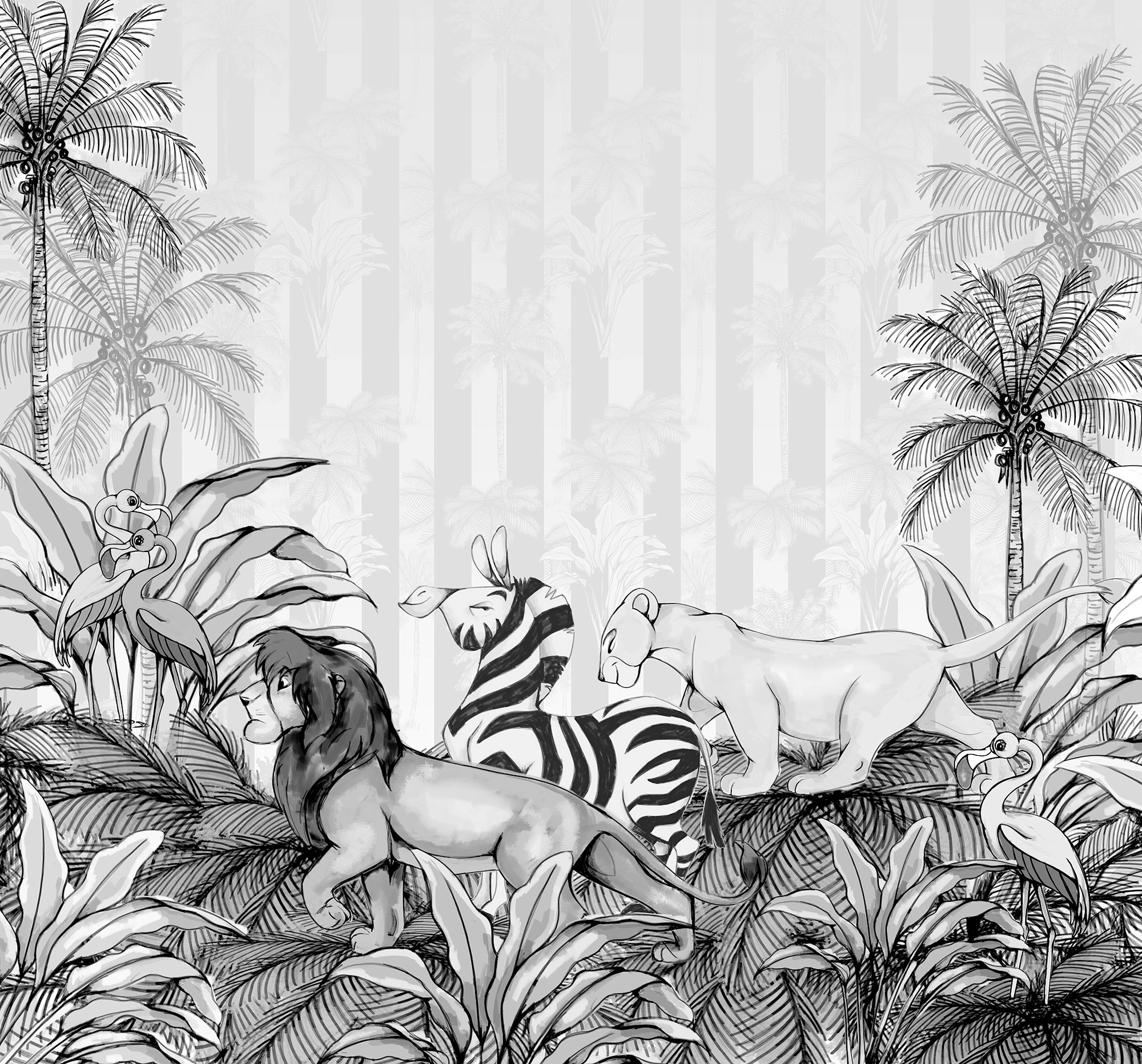 Vliestapete KOMAR "Digitaldruck Vlies - Lion King Monochrome - Größe 300 x 280 cm", bunt, B:300m L:280m, Vlies, Tapeten, Kinderzimmer