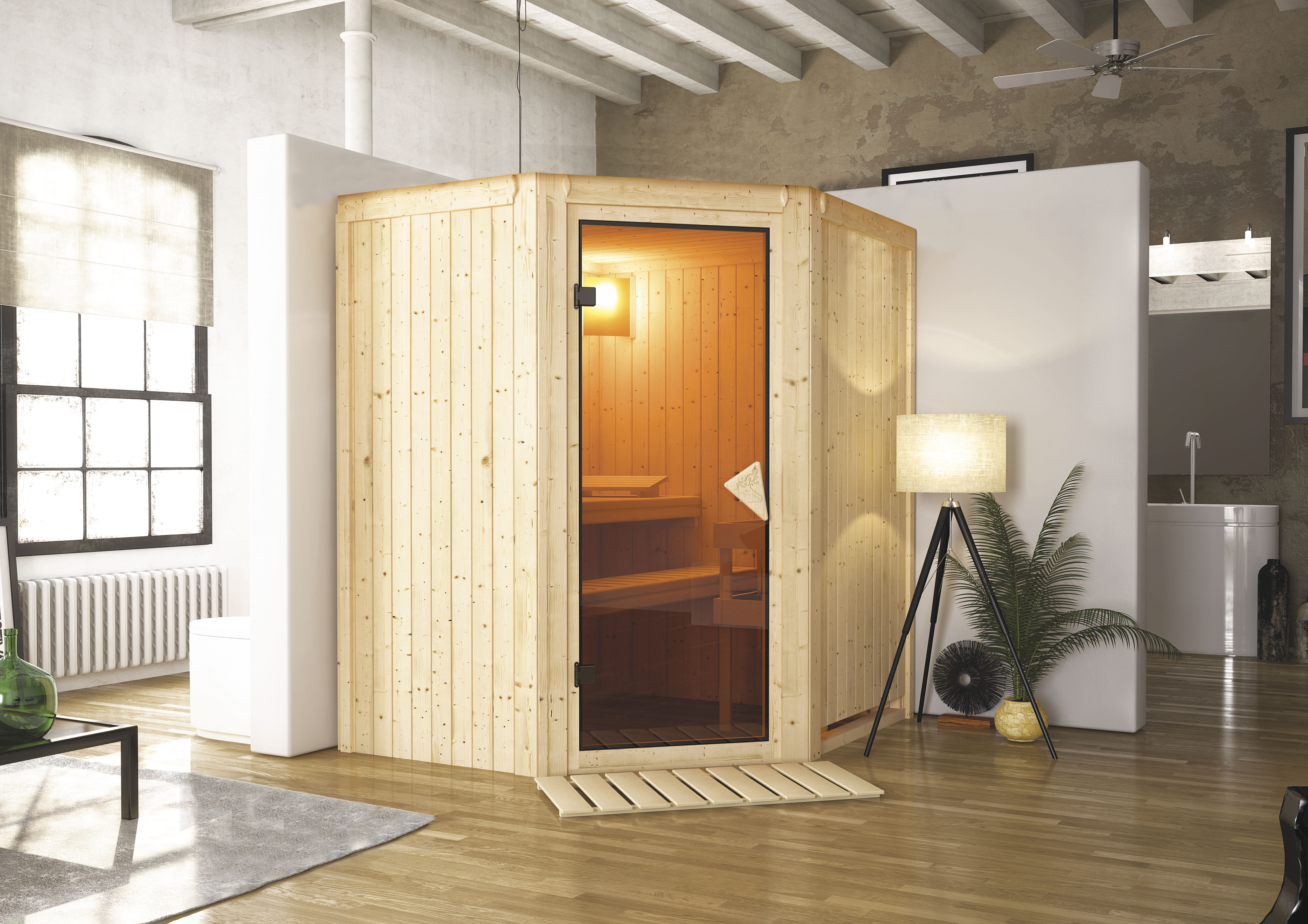 Sauna KARIBU "Liyah" mit bronzierter Tür naturbelassen", beige (naturbelassen), Saunaofen, integrierte Steuerung, (ohne Ofen), Saunen, in verschiedenen Ausführungen erhältlich Image