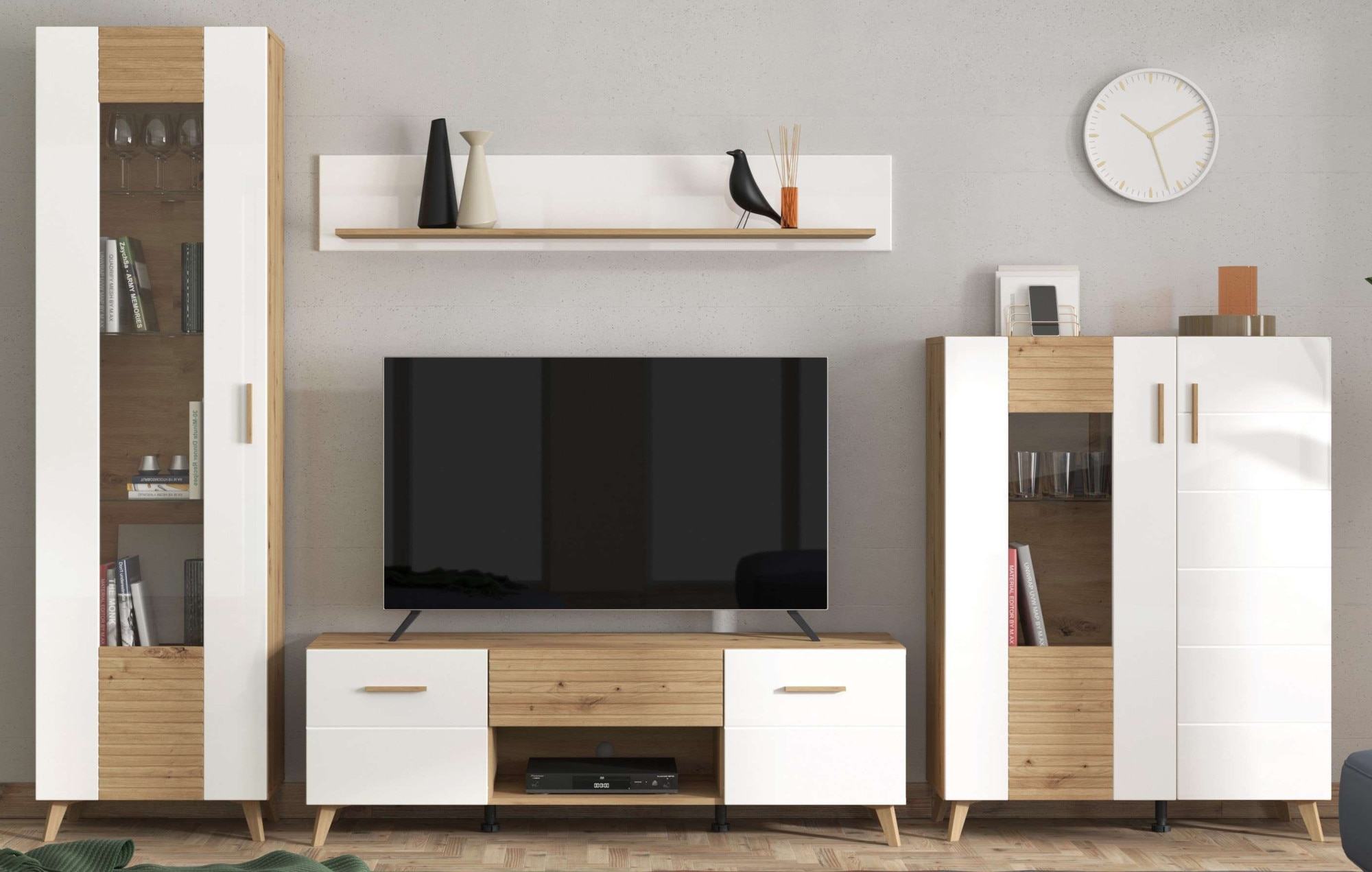 Wohnzimmer-Set INOSIGN "Bretagna Wohnwand, Mediawand, Anbauwand, TV-Wand, Breite 302 cm", beige, B:301,5cm H:202,5cm T:41,5cm, Glas, Hartfaserplatte, Kunststoff, MDF, Metall, Spanplatte, Kastenmöbel-Sets, Set besteht aus 2 Vitrinen, TV-Board und...