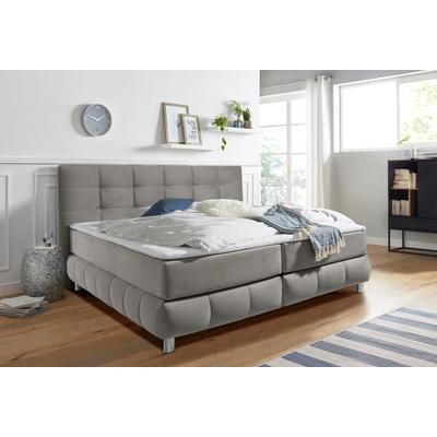 Boxspringbett ANDAS "Salo", grau (hellgrau), B:174cm L:211cm, Struktur (100% Polyester), Bezug der Spiegelfläche Matratzendrell aus 100% Polyester, Samtoptik (100% Polyester), Komplettbetten, Boxspringbett, incl. Topper, 6 Breiten, 2 Härtegrade, TFK... Image