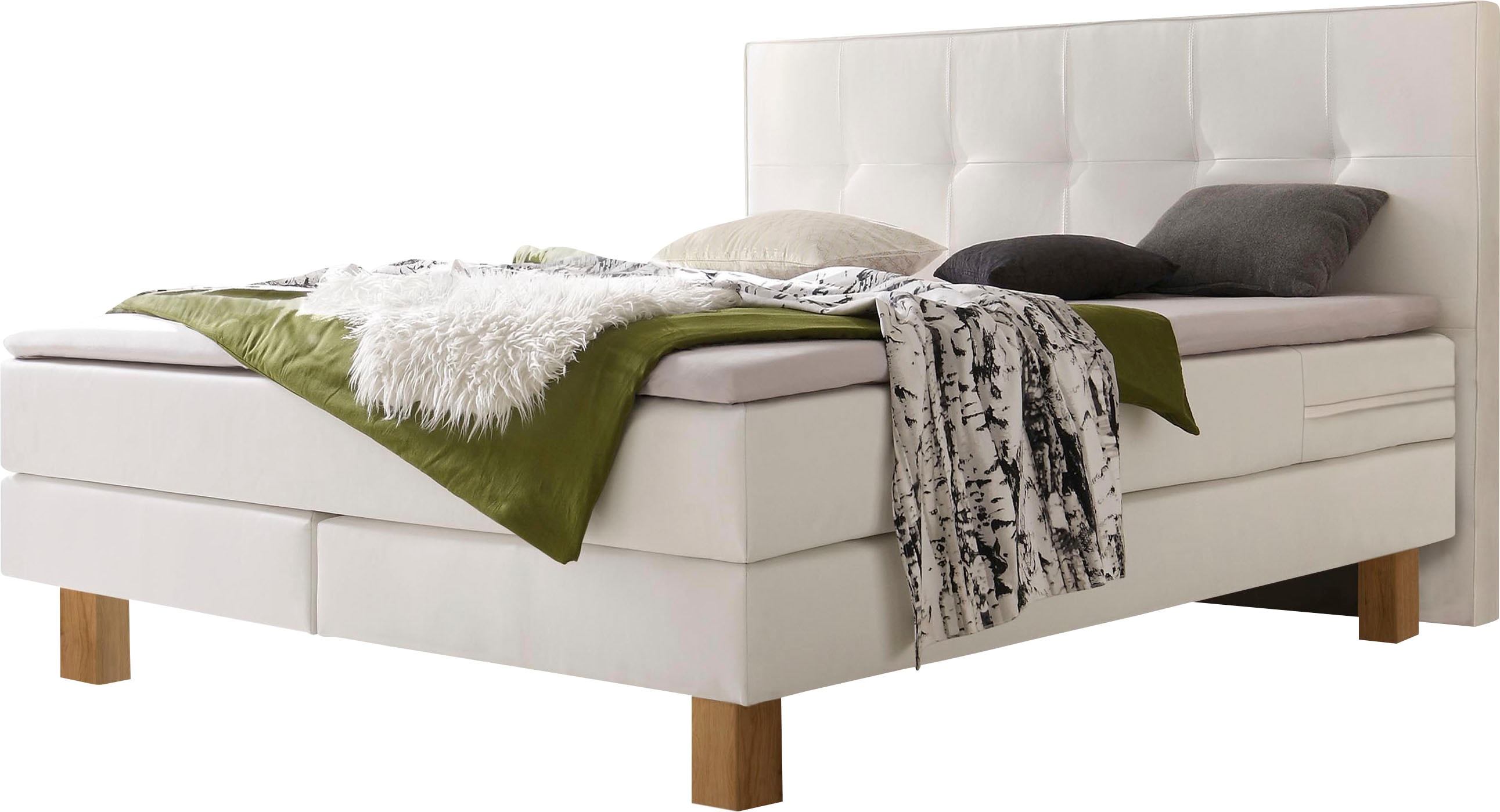 Boxspringbett HASENA "Lodge", braun (weiß, eiche bianco), B:148cm L:210cm, Komplettbetten, Boxspringbett, Boxspringbett, Eichenfüsse, straffe Bezüge, gestepptes Kopfteil Image
